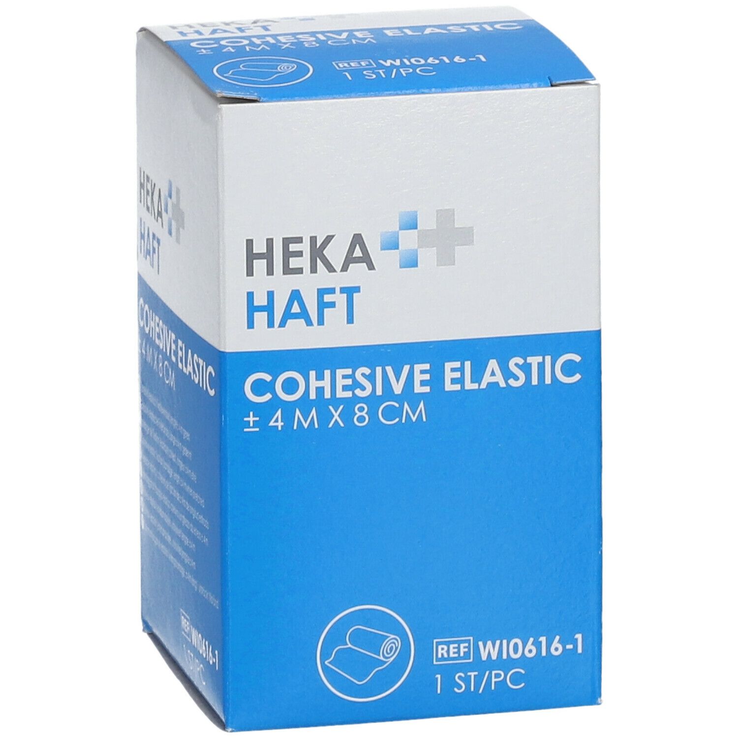 Verpakking van HEKAHAFT Cohesive Elastic. Afmeting: ±4 m x 8 cm. Wit-blauwe doos met productinfo en afbeelding van de rol.