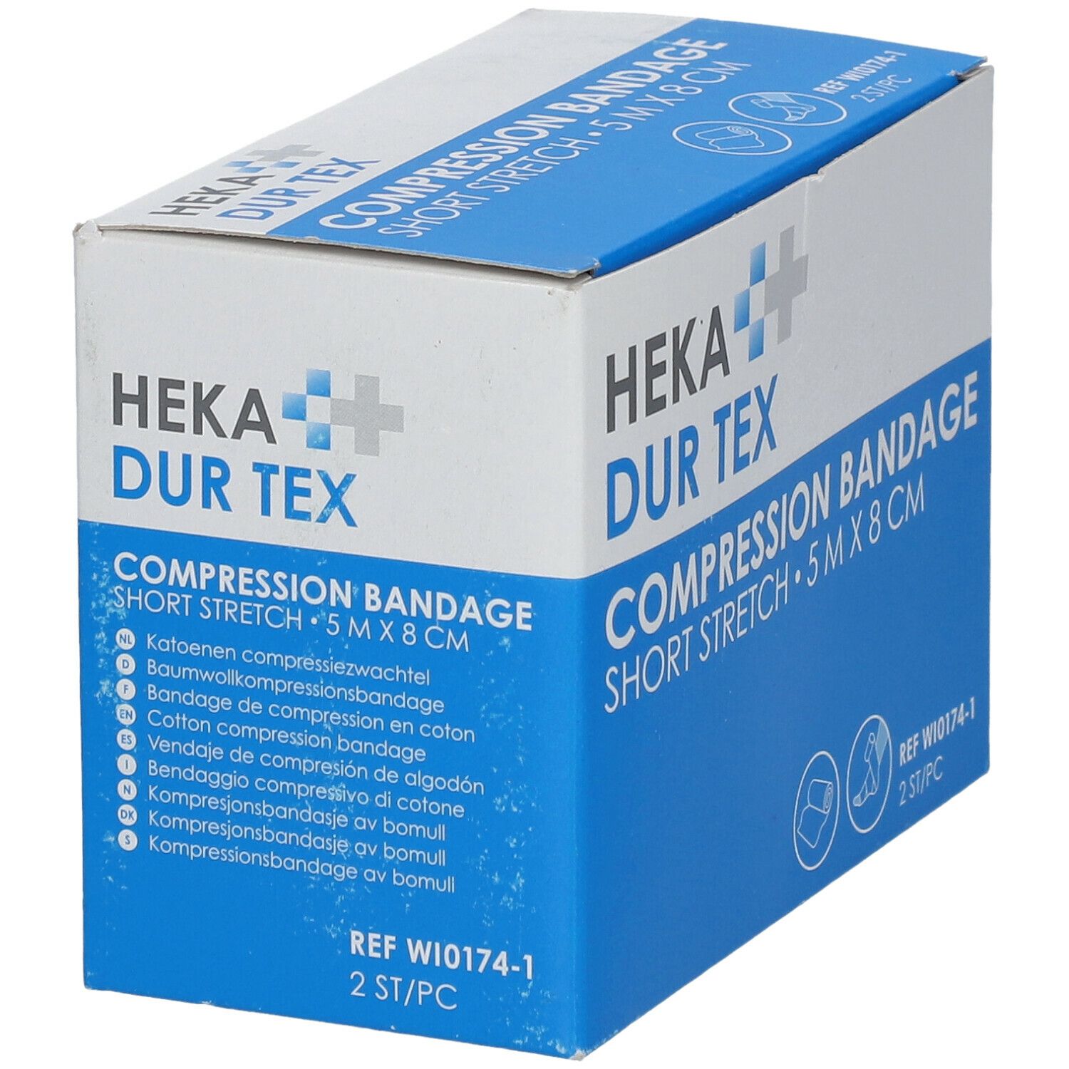 Kartonnen verpakking met HEKA DUR TEX compressieverband. Opschrift: COMPRESSION BANDAGE SHORT STRETCH 5 m x 8 cm. Meertalige lijst.
