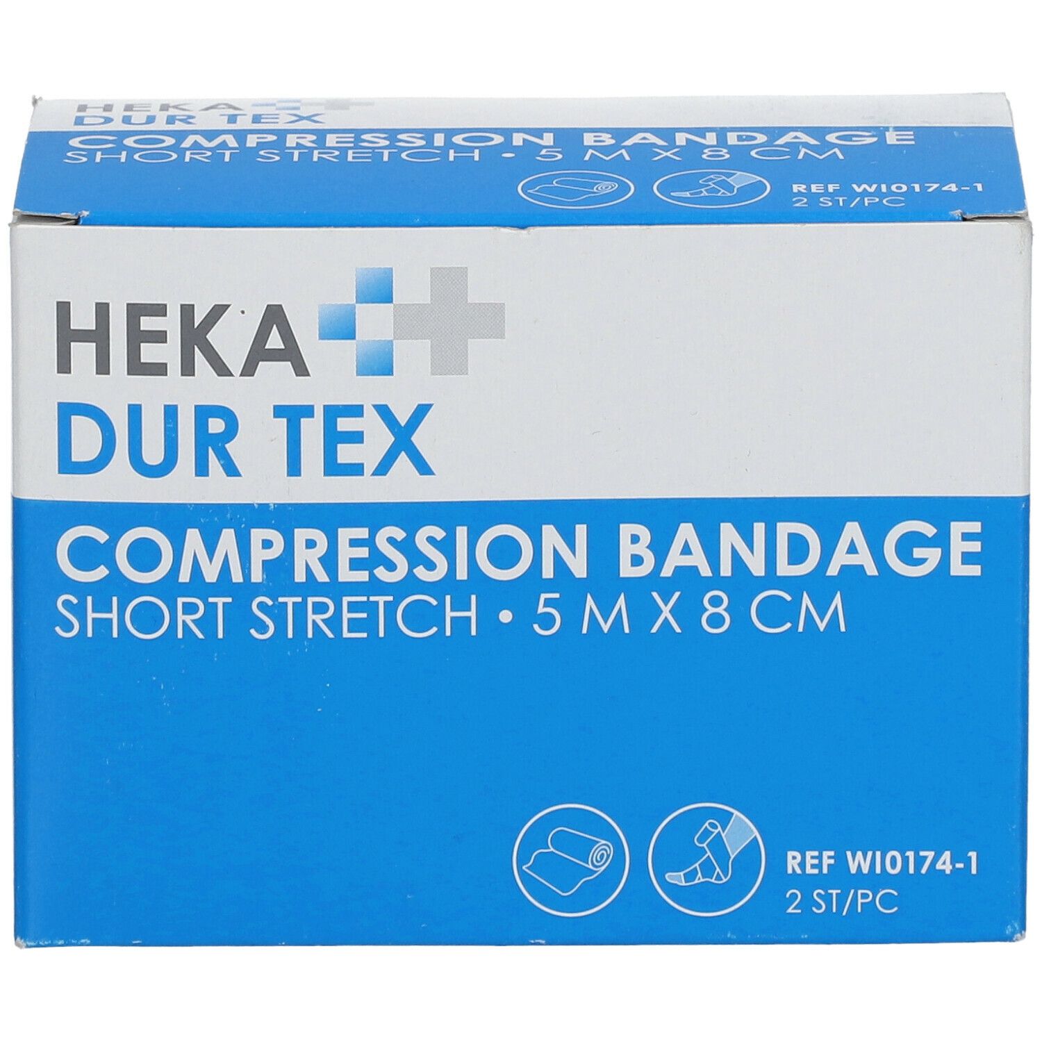Kartonnen verpakking met HEKA DUR TEX compressieverband. Opschrift: COMPRESSION BANDAGE SHORT STRETCH 5 m x 8 cm. Met verband-symbool.