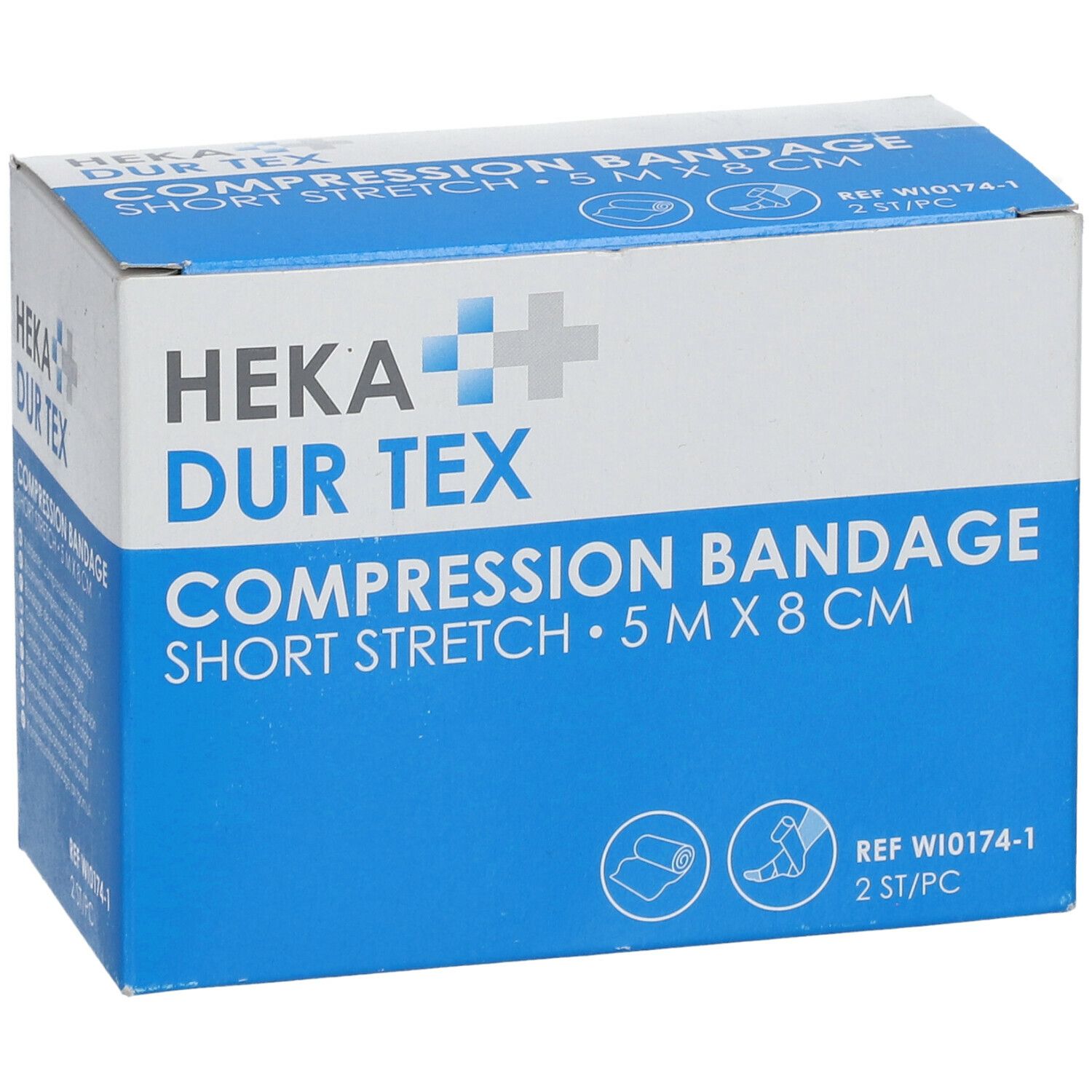 Kartonnen verpakking met HEKA DUR TEX compressieverband. Opschrift: COMPRESSION BANDAGE SHORT STRETCH 5 m x 8 cm. Met verband- en voetsymbool.