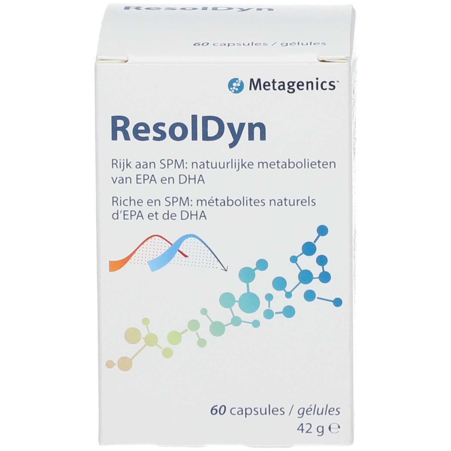 Boîte blanche avec inscription ResolDyn et Metagenics. Contient 60 gélules.