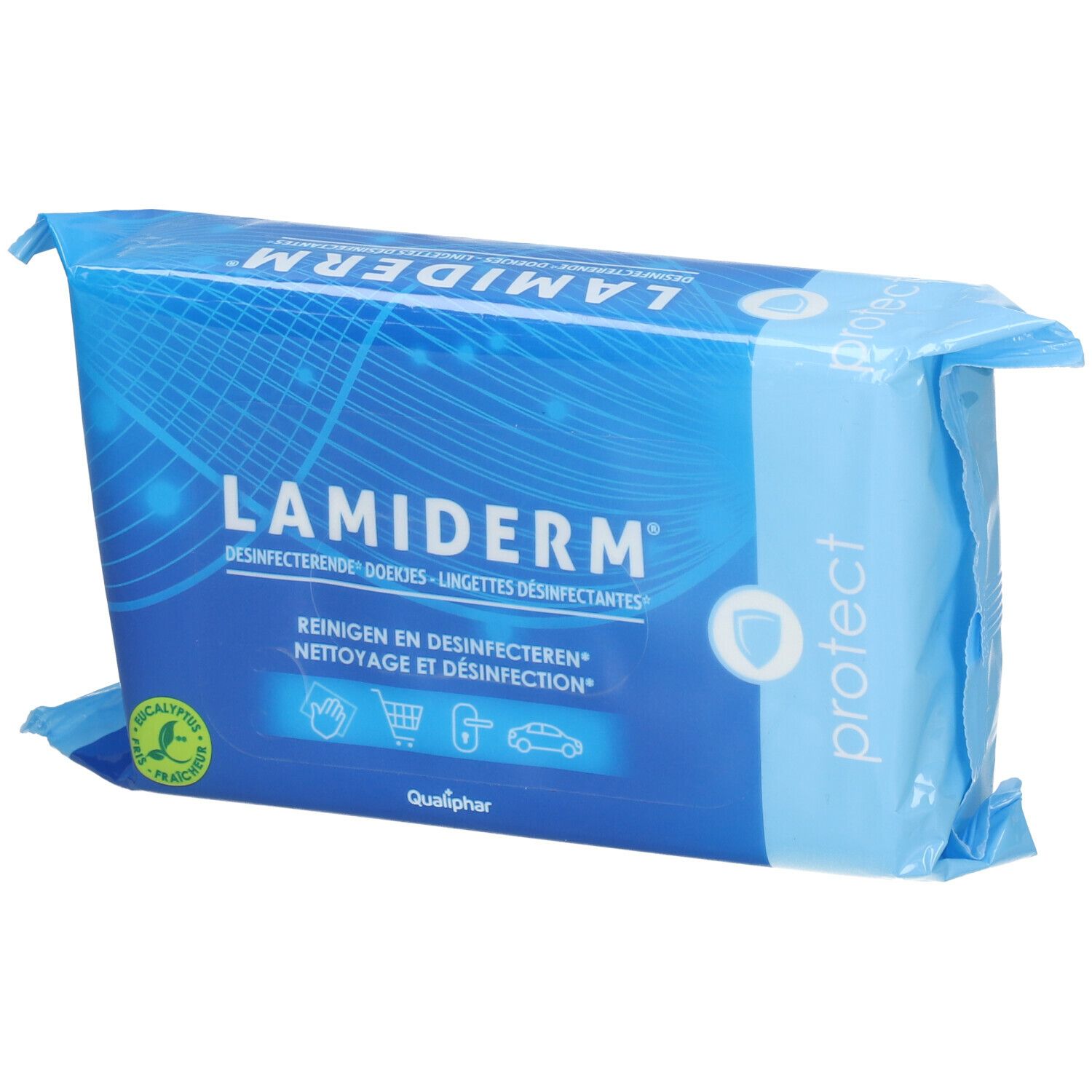 Blauw-witte verpakking met productnaam en logo's. Bevat desinfectiedoekjes. Qualiphar-logo en eucalyptus-zegel zichtbaar.