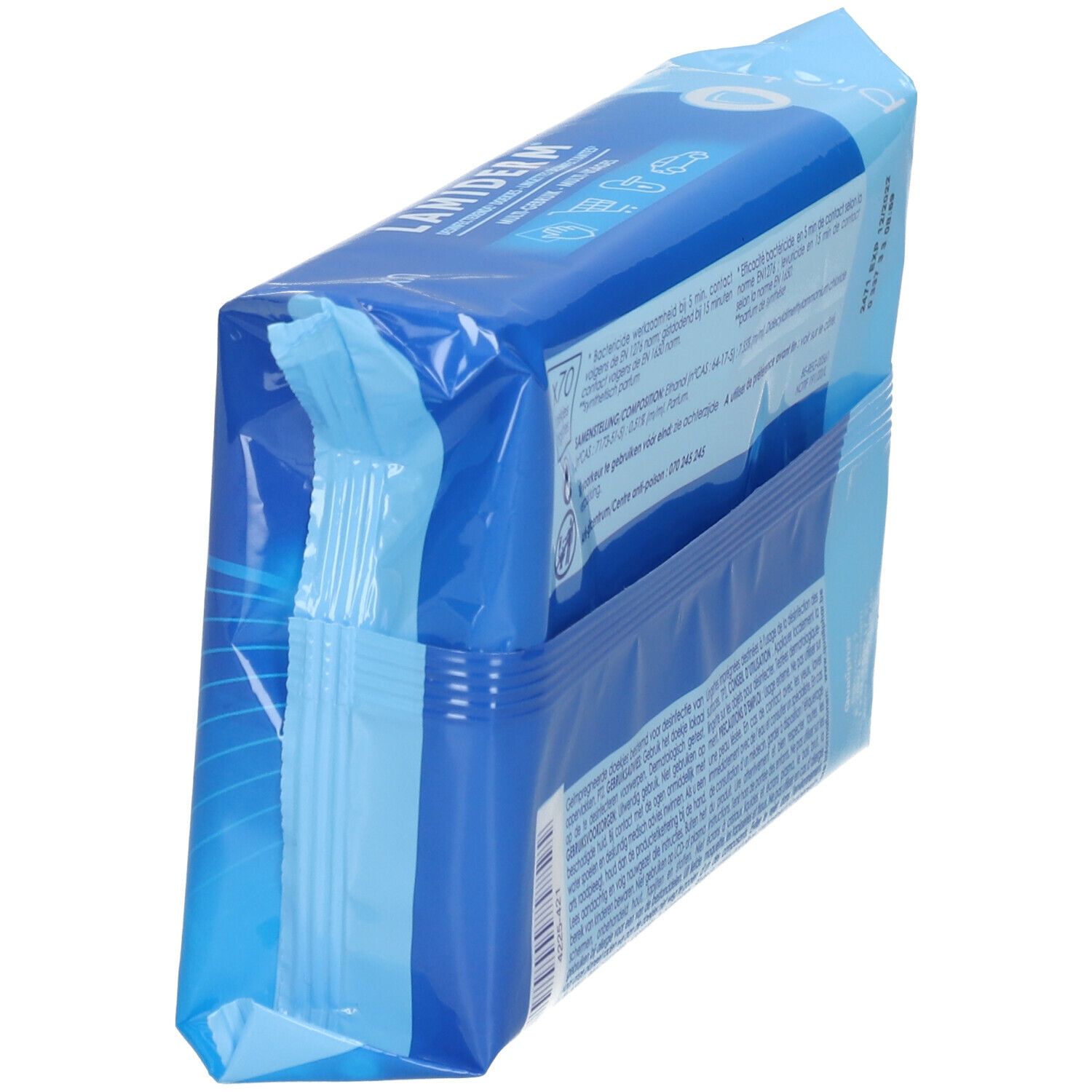Schuine weergave van de verpakking. Blauwe verpakking met tekst en logo's. Bevat desinfectiedoekjes.