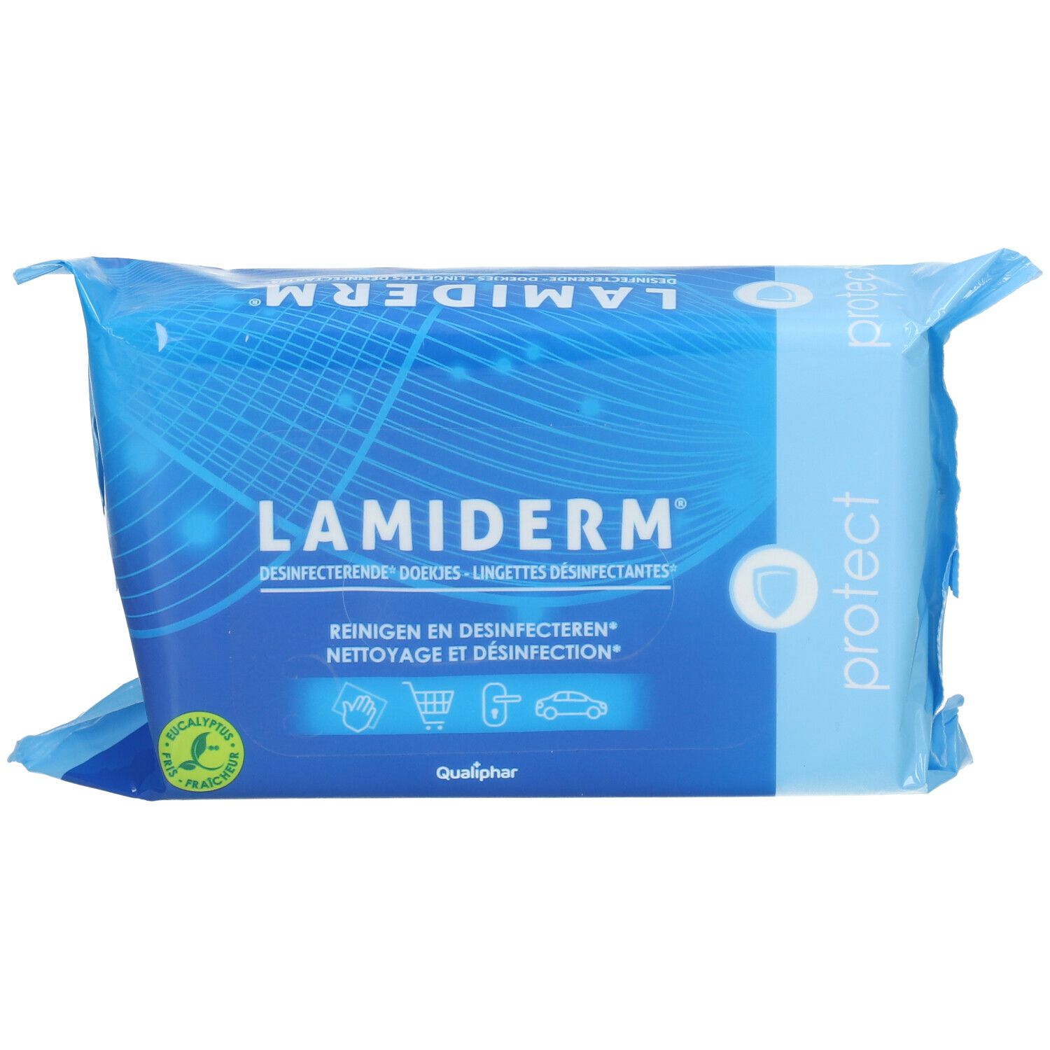 Blauwe verpakking met productnaam en logo's. Bevat desinfectiedoekjes. Qualiphar-logo en eucalyptus-zegel zichtbaar.
