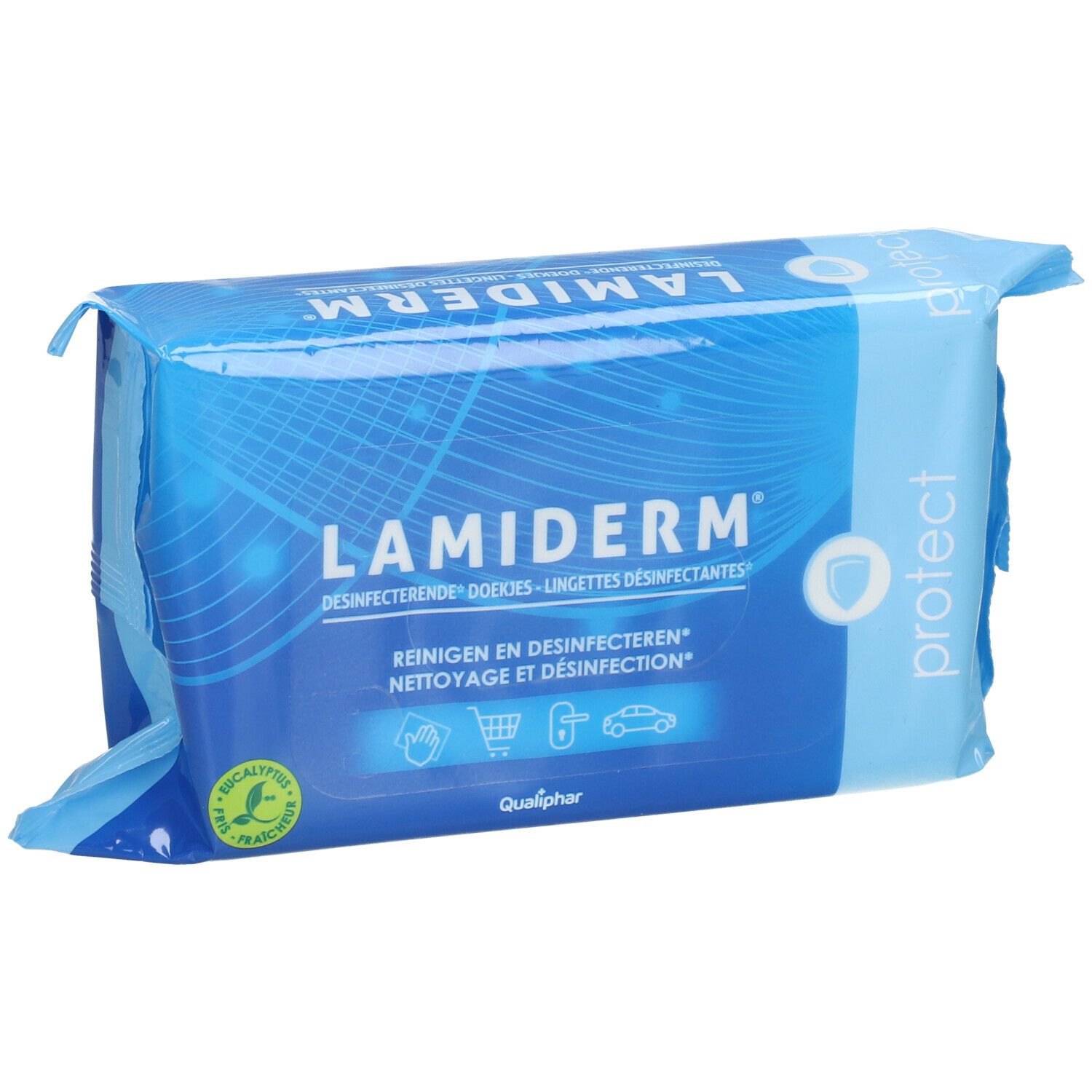 Blauwe verpakking met productnaam en logo's. Bevat desinfectiedoekjes. Qualiphar-logo en eucalyptus-zegel zichtbaar.