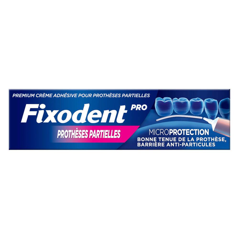 Tube bleu et blanc Fixodent Pro. Texte: PROTHÈSES PARTIELLES. Inscription: MICROPROTECTION.