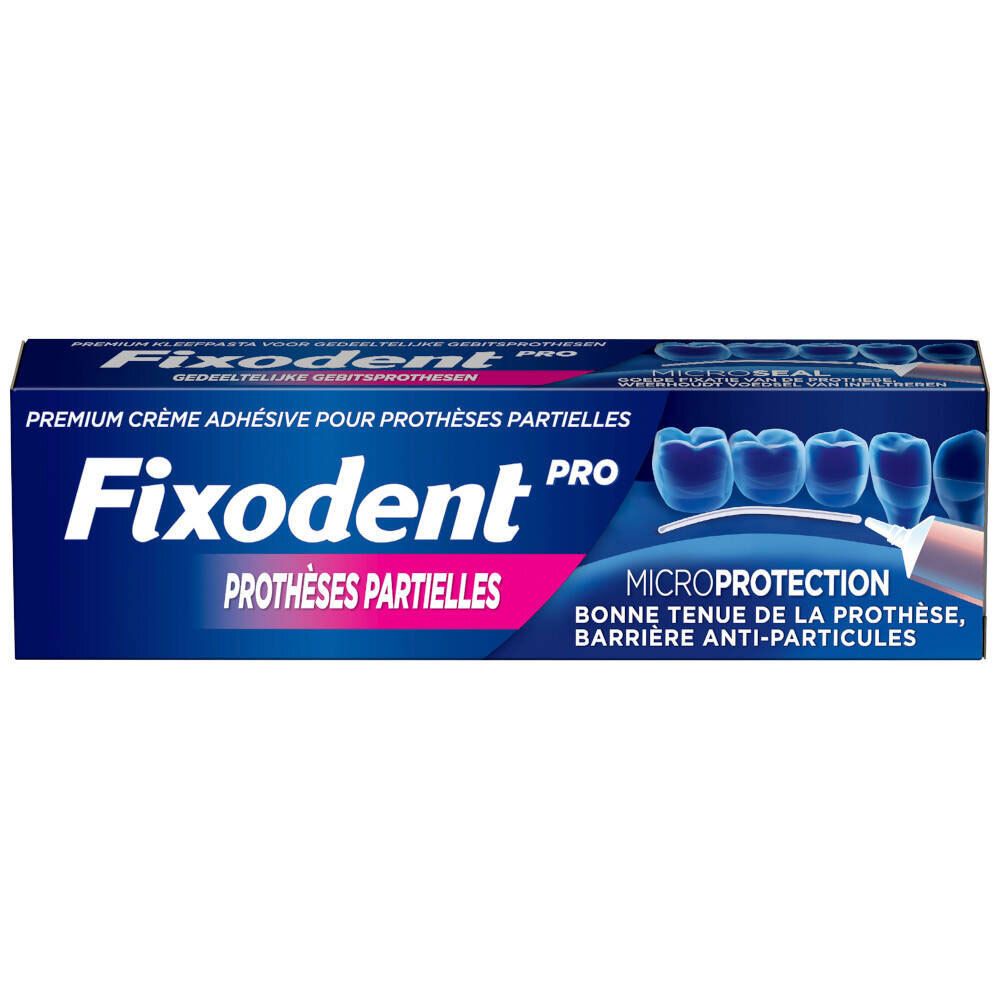Emballage bleu et blanc Fixodent Pro. Texte: PROTHÈSES PARTIELLES. Inscription: MICROPROTECTION.