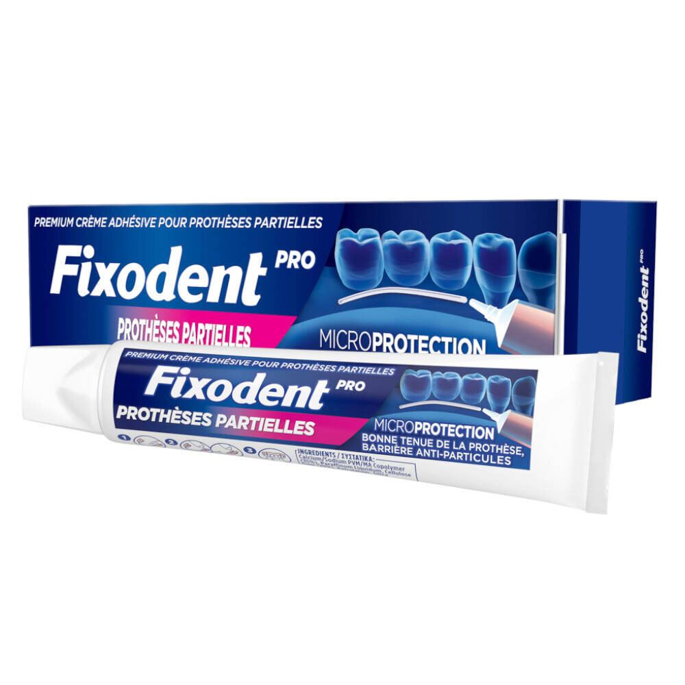 Tube et emballage Fixodent Pro. Texte: PROTHÈSES PARTIELLES. Inscription: MICROPROTECTION.