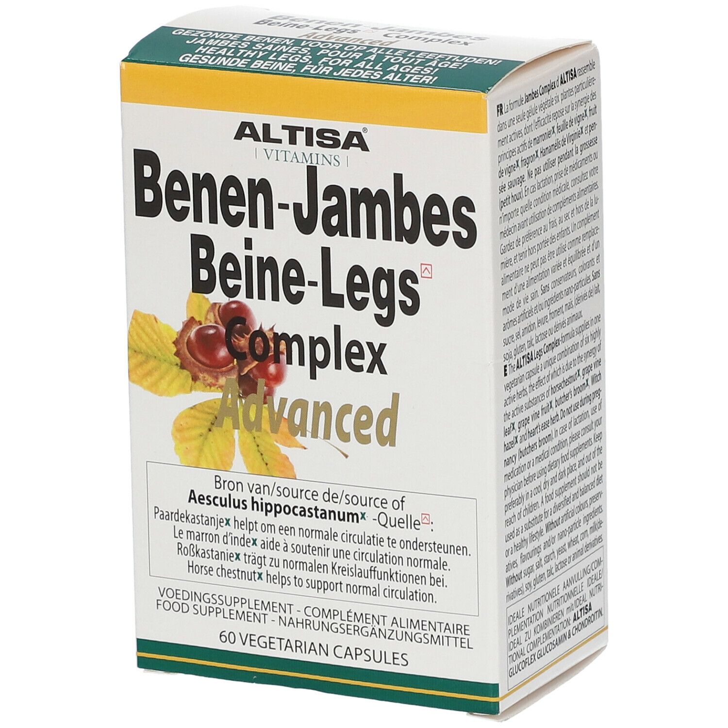 Doosje Benen-Jambes Beine-Legs Complex Advanced. Bevat 60 vegetarische capsules. Groen-gele kleurstelling.