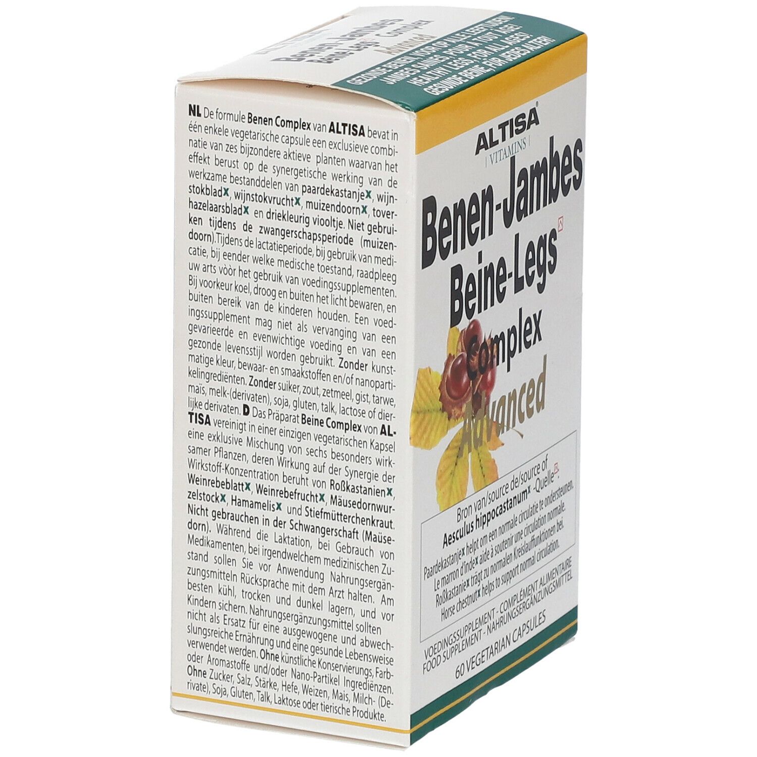 Doosje Benen-Jambes Beine-Legs Complex Advanced. Tekst in het Nederlands. Bevat 60 vegetarische capsules. Groen-gele kleurstelling.