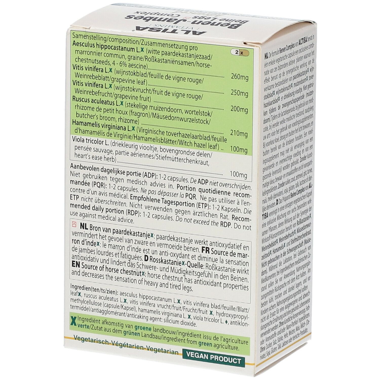 Doosje Benen-Jambes Beine-Legs Complex Advanced. Ingrediënteninformatie. Groen-gele kleurstelling. Veganistisch product.