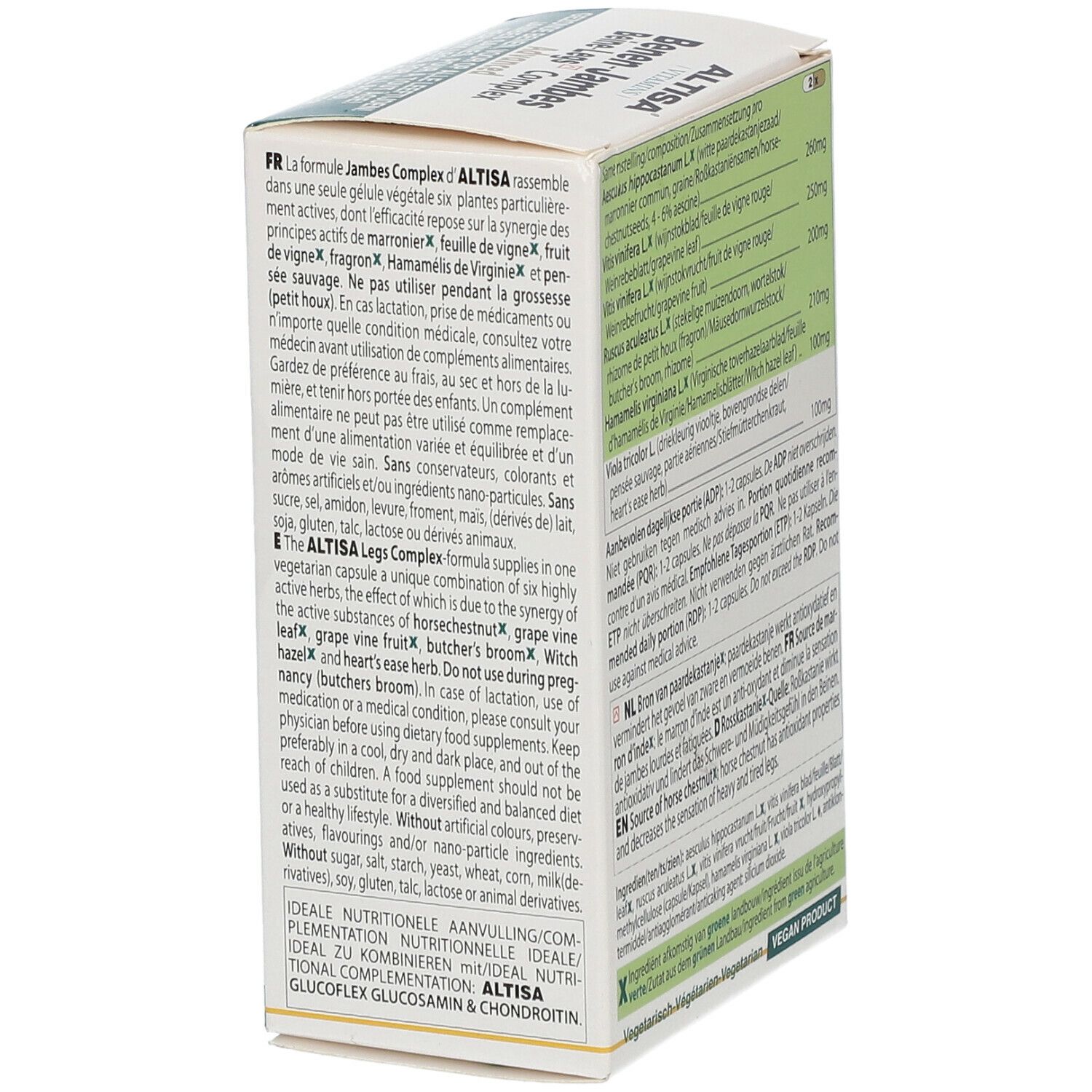Doosje Benen-Jambes Beine-Legs Complex Advanced. Gebruiksinformatie. Groen-gele kleurstelling. Veganistisch product.