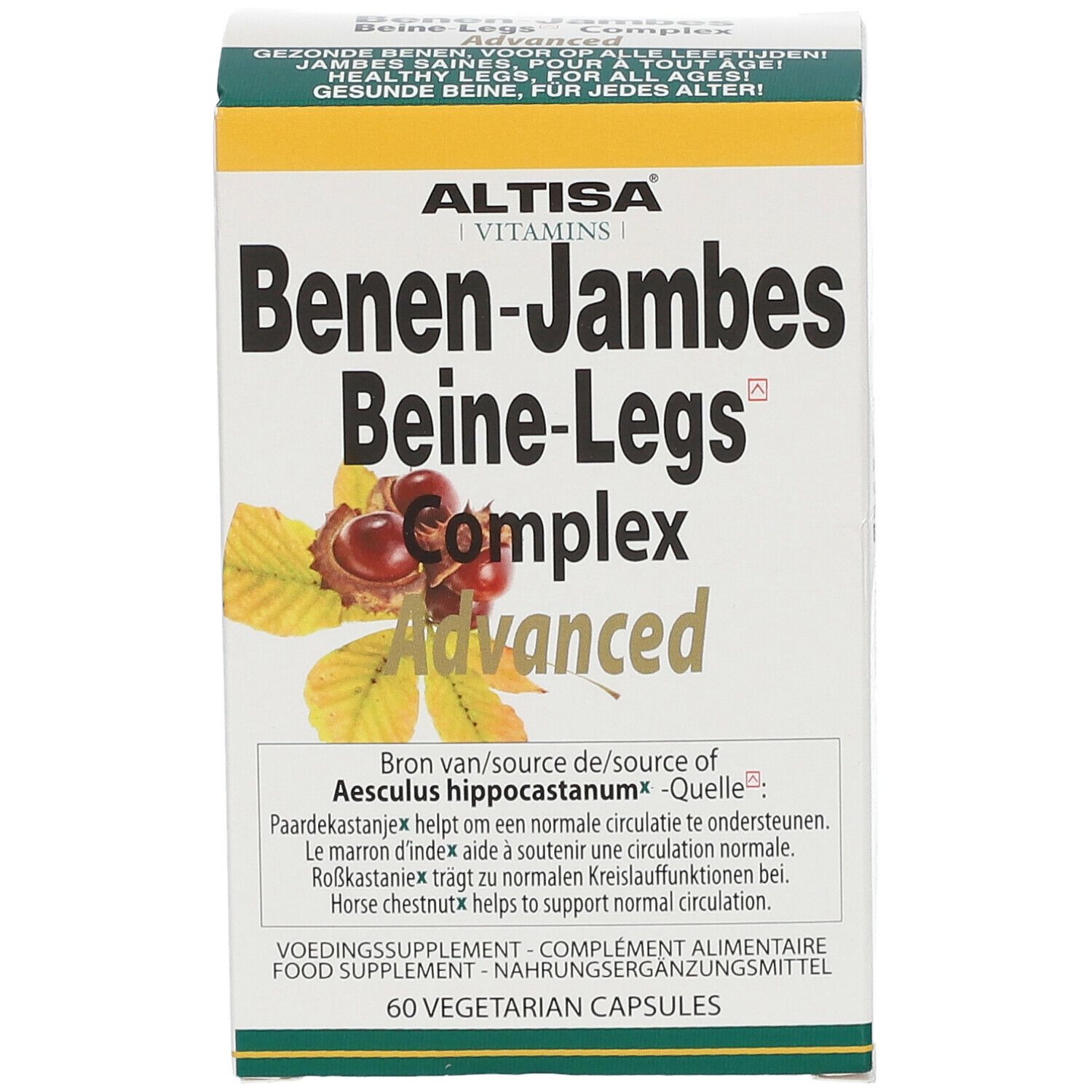 Doosje Benen-Jambes Beine-Legs Complex Advanced. Bevat 60 vegetarische capsules. Groen-gele kleurstelling. Productillustratie.