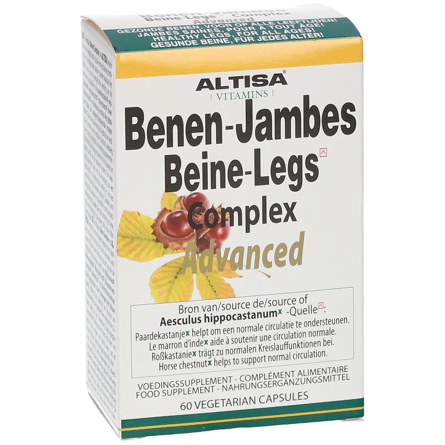 Doosje Benen-Jambes Beine-Legs Complex Advanced. Bevat 60 vegetarische capsules. Groen-gele kleurstelling. Productillustratie.