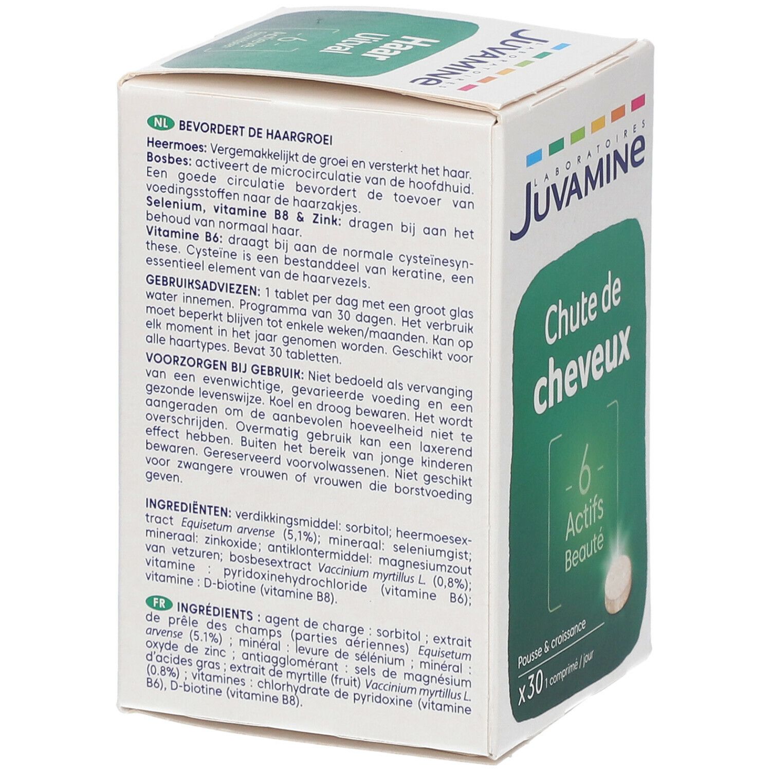 Dos de la boîte Juvamine Chute de Cheveux. Texte en néerlandais. Contient des informations sur les ingrédients et l'utilisation.