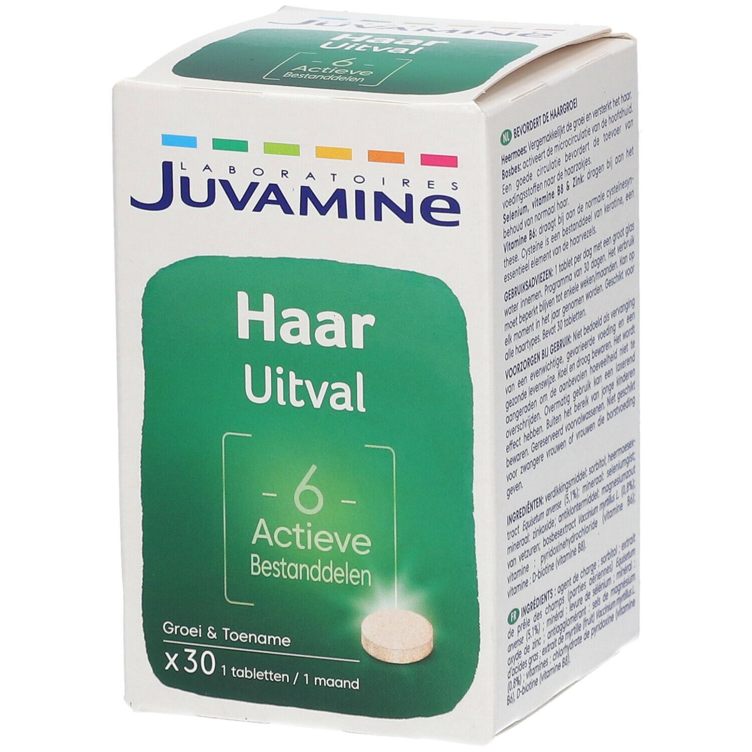 Boîte Juvamine Haar Uitval. Emballage vert et blanc avec texte et comprimé. Contient 6 actifs.