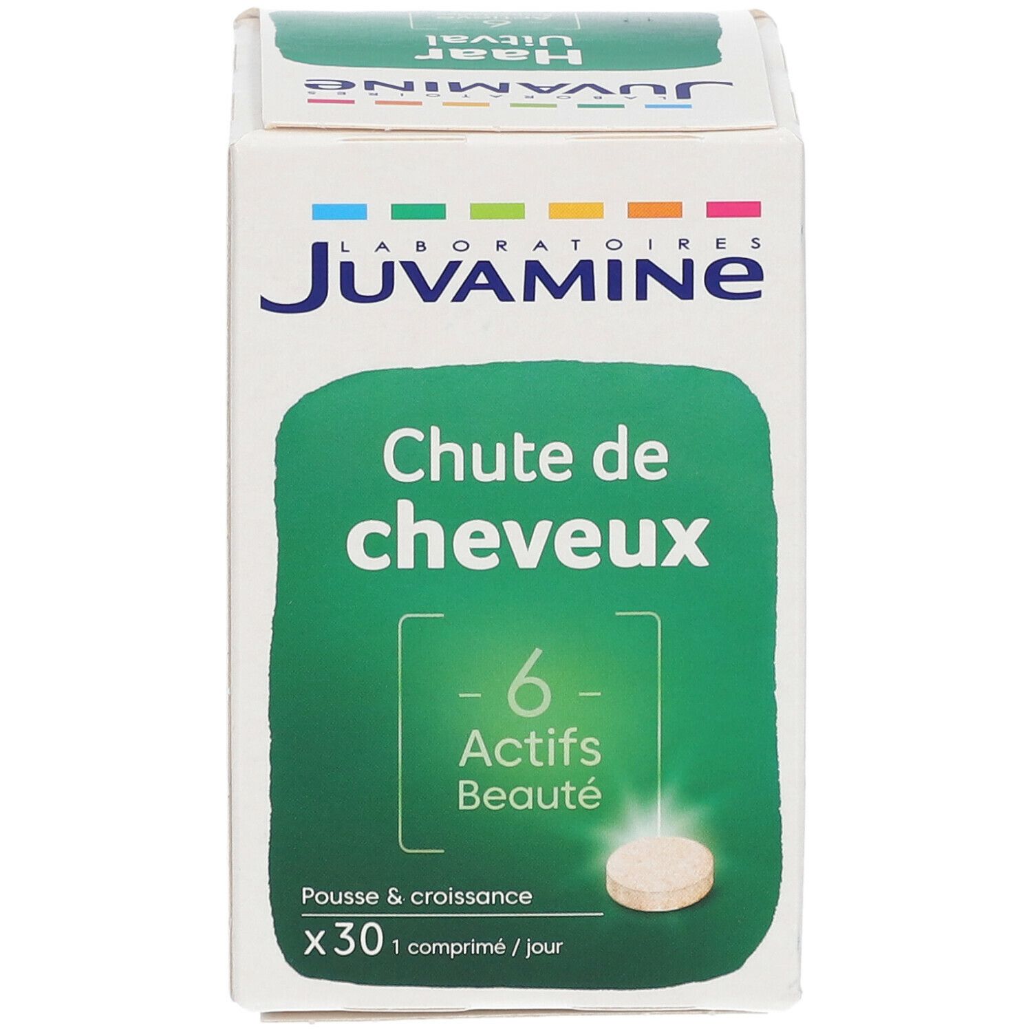Boîte Juvamine Chute de Cheveux. Emballage vert et blanc avec texte et comprimé. Contient 6 actifs.