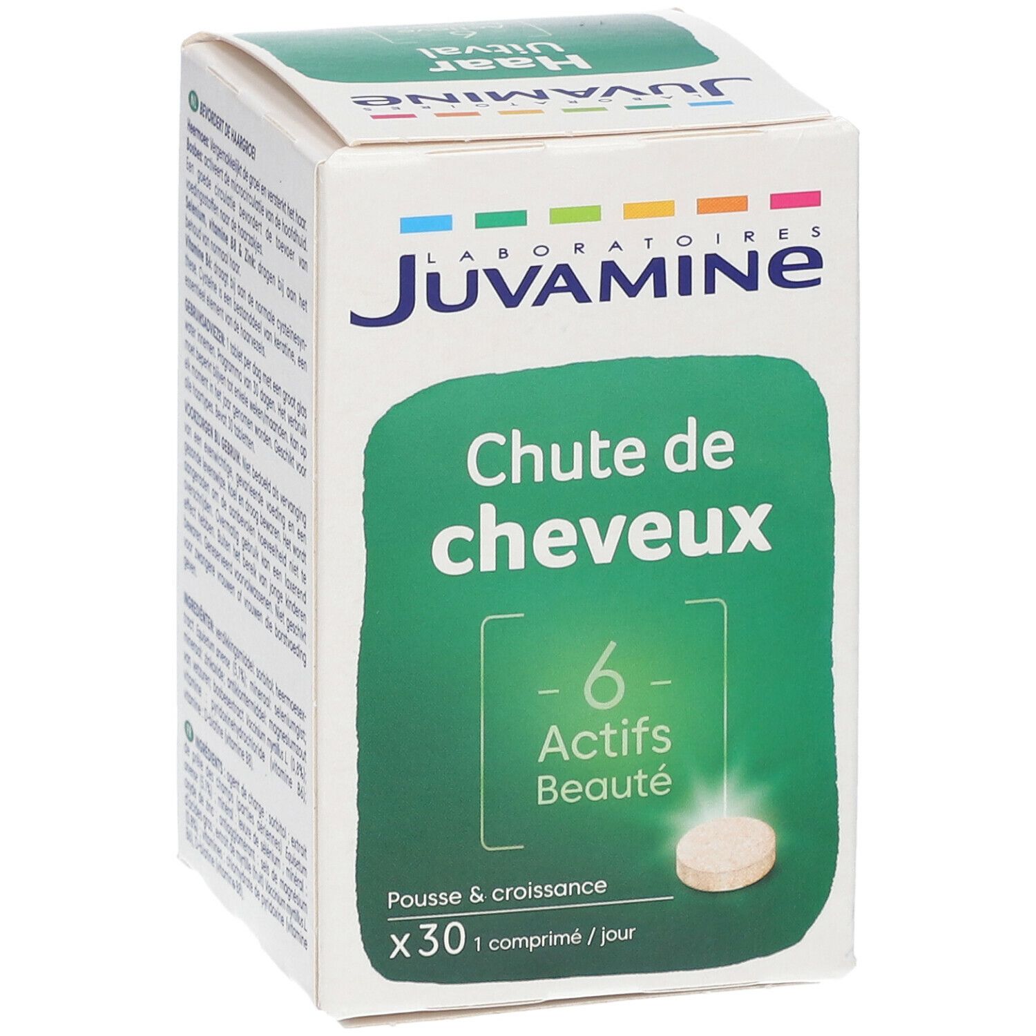 Boîte Juvamine Chute de Cheveux. Emballage vert et blanc avec texte et comprimé. Contient 6 actifs.