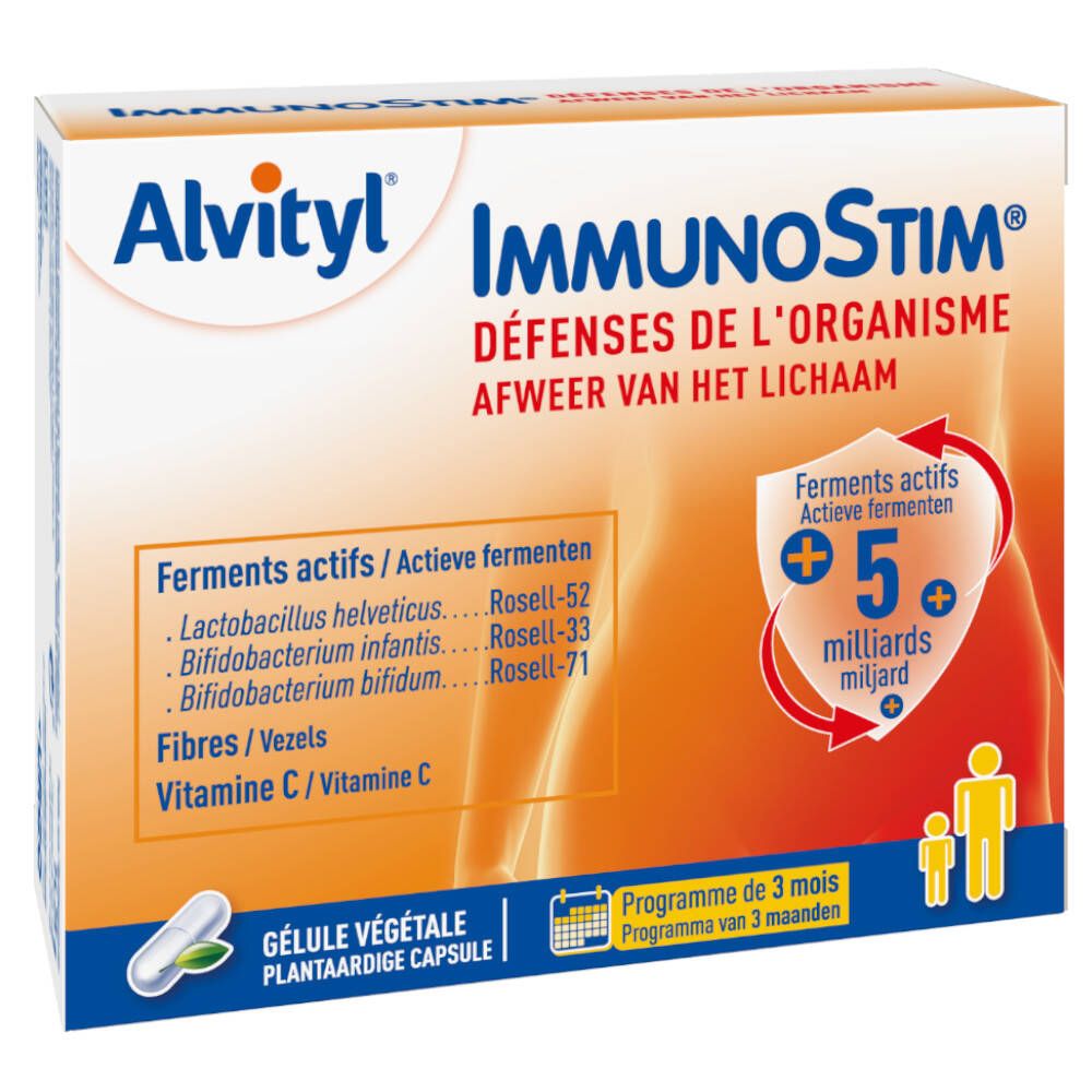 Boîte Alvityl ImmunoStim. Contient ferments actifs, fibres et vitamine C. 5 milliards de ferments actifs.