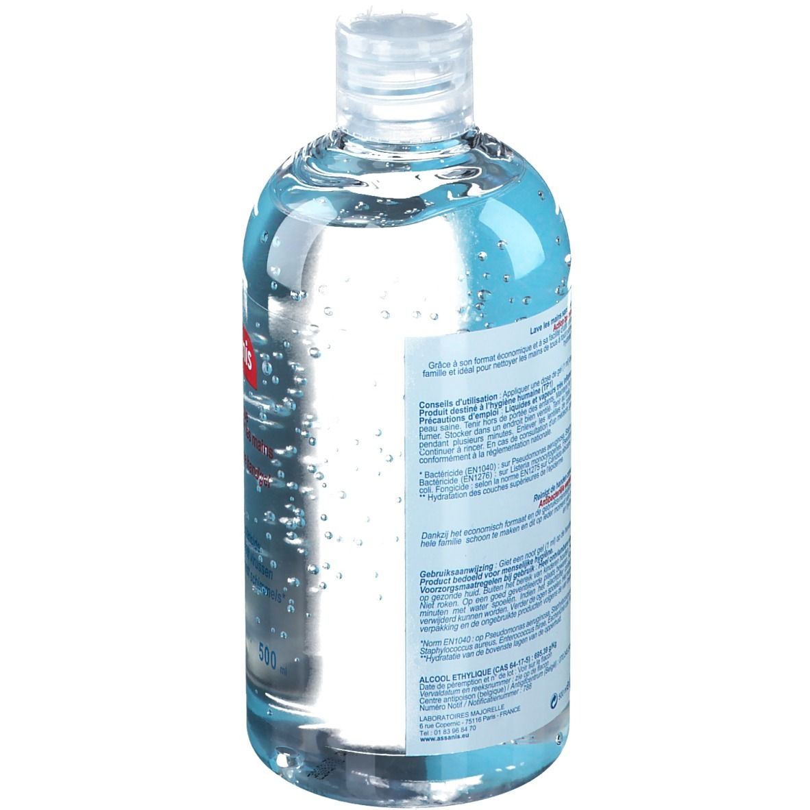 Achterkant van de fles met tekst. Transparante vloeistof. Klapdeksel.