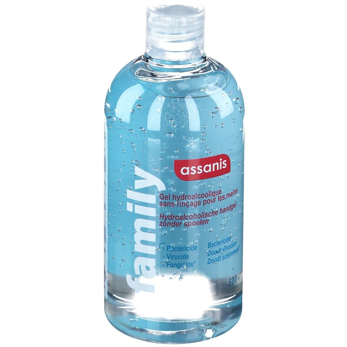 Transparante vloeistof in een fles met klapdeksel. Opschrift "assanis family".