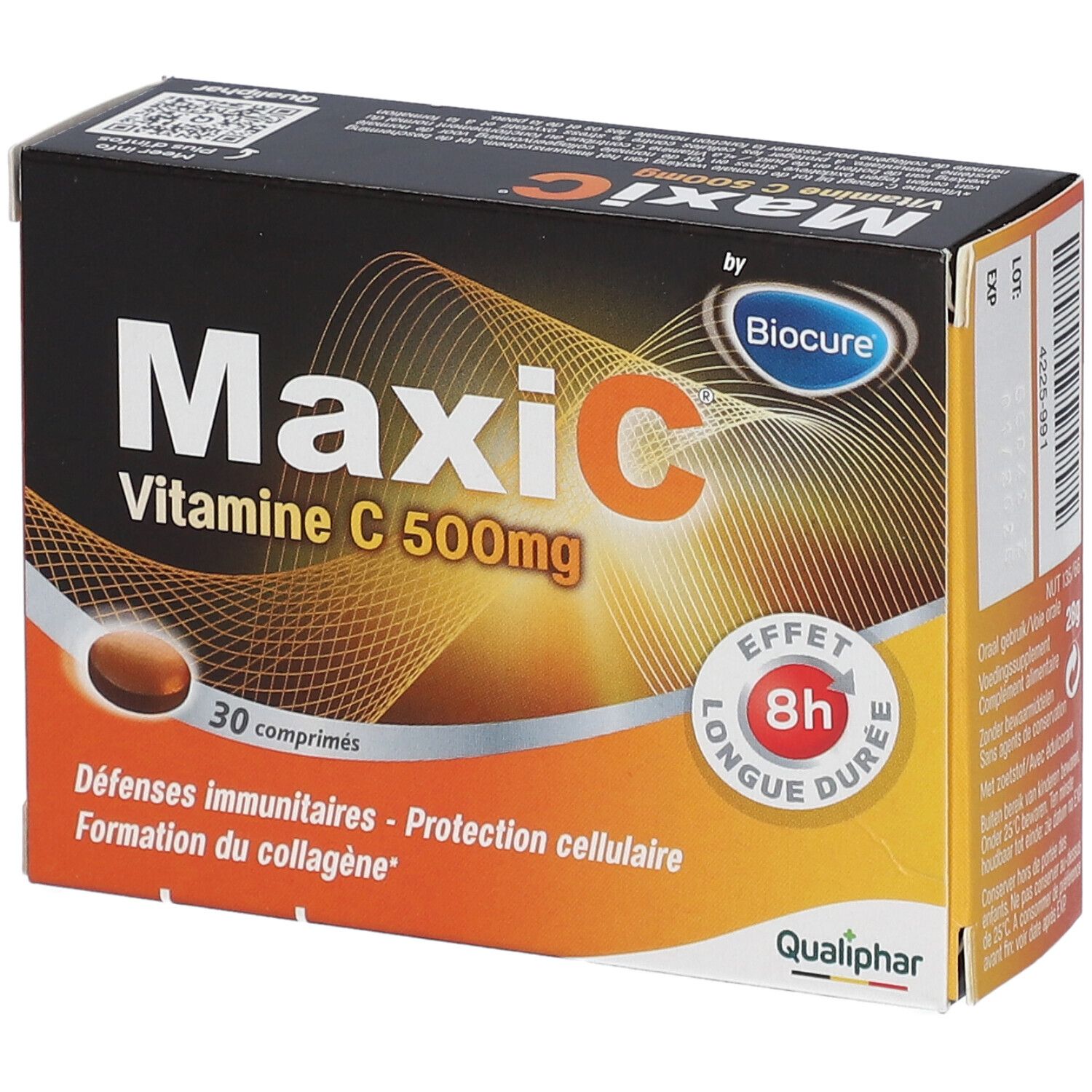 Boîte de MaxiC Vitamine C 500mg, 30 comprimés. Inscriptions : Biocure, Qualiphar, Effet longue durée 8h. Protection cellulaire.