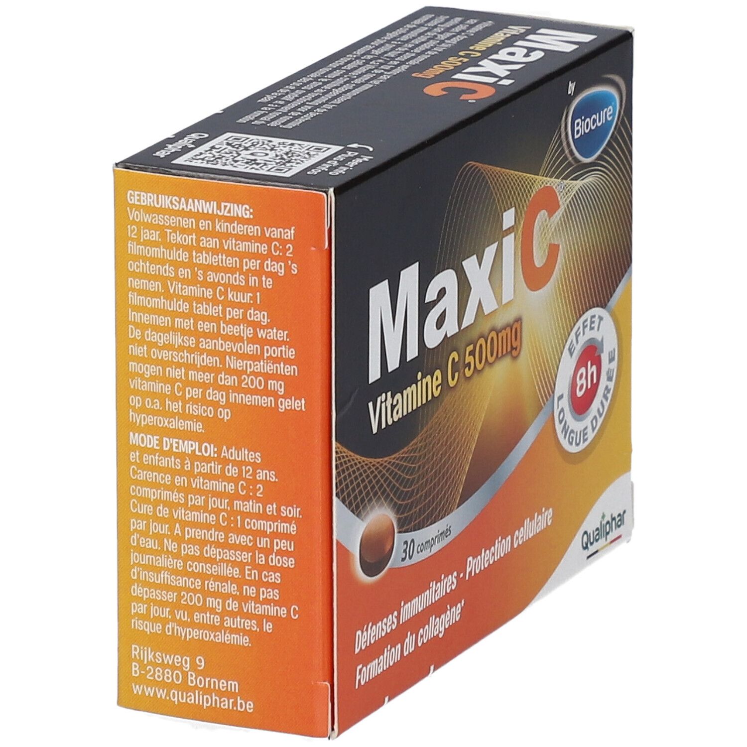 Boîte MaxiC Vitamine C 500mg, 30 comprimés. Inscriptions : Biocure, Qualiphar, effet 8h. Mode d'emploi et instructions.