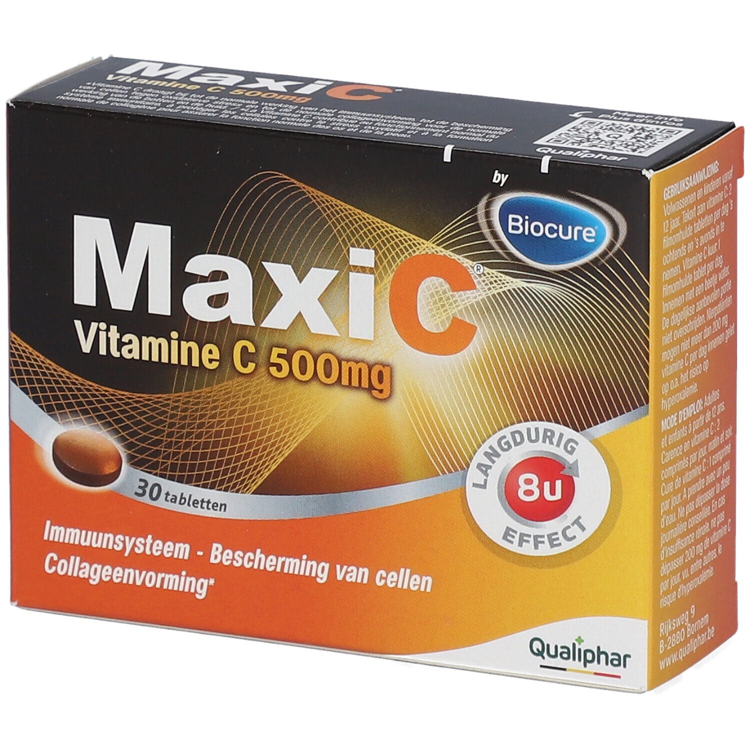Boîte MaxiC Vitamine C 500mg, 30 comprimés. Inscriptions : Biocure, Qualiphar, effet 8h. Soutien immunitaire.