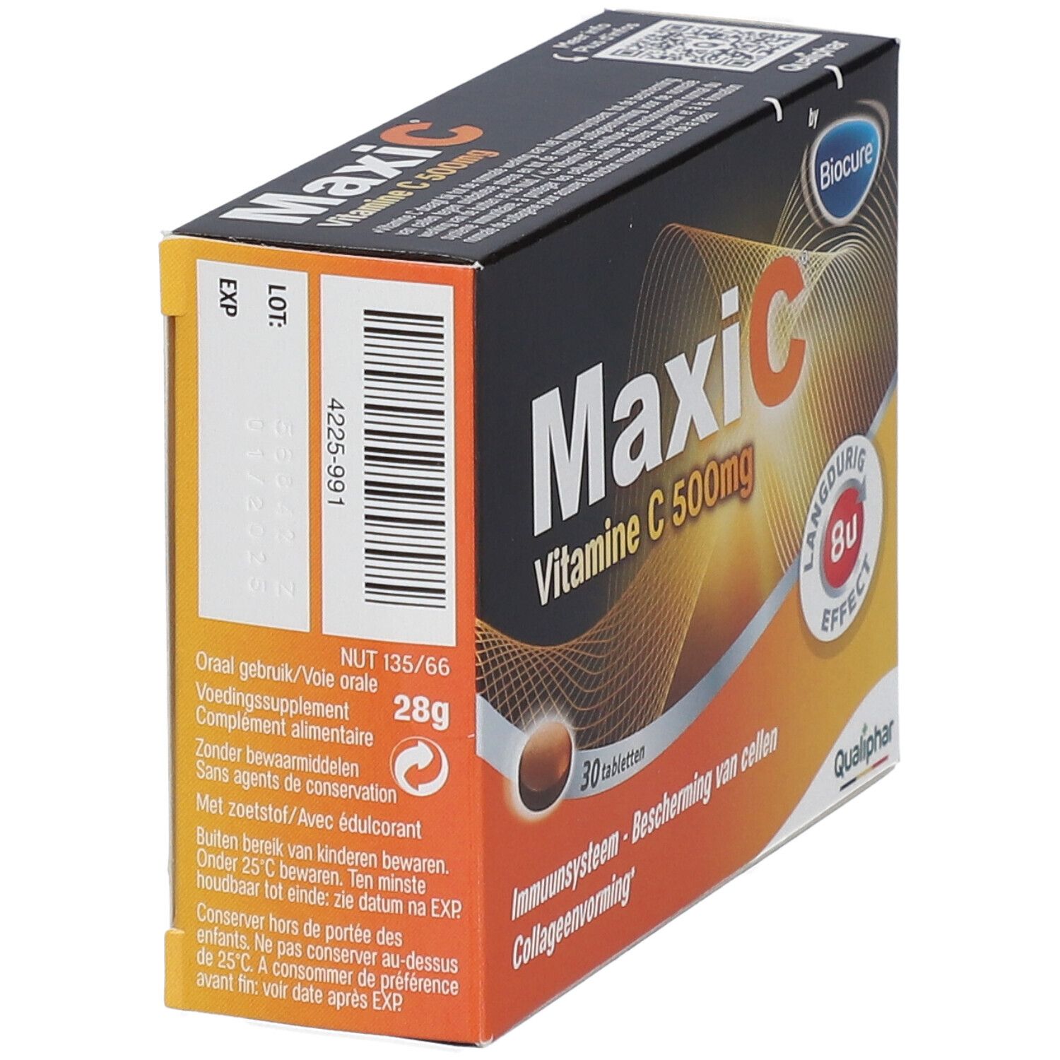 Boîte MaxiC Vitamine C 500mg, 30 comprimés. Inscriptions : Biocure, Qualiphar, effet 8h. Informations nutritionnelles.
