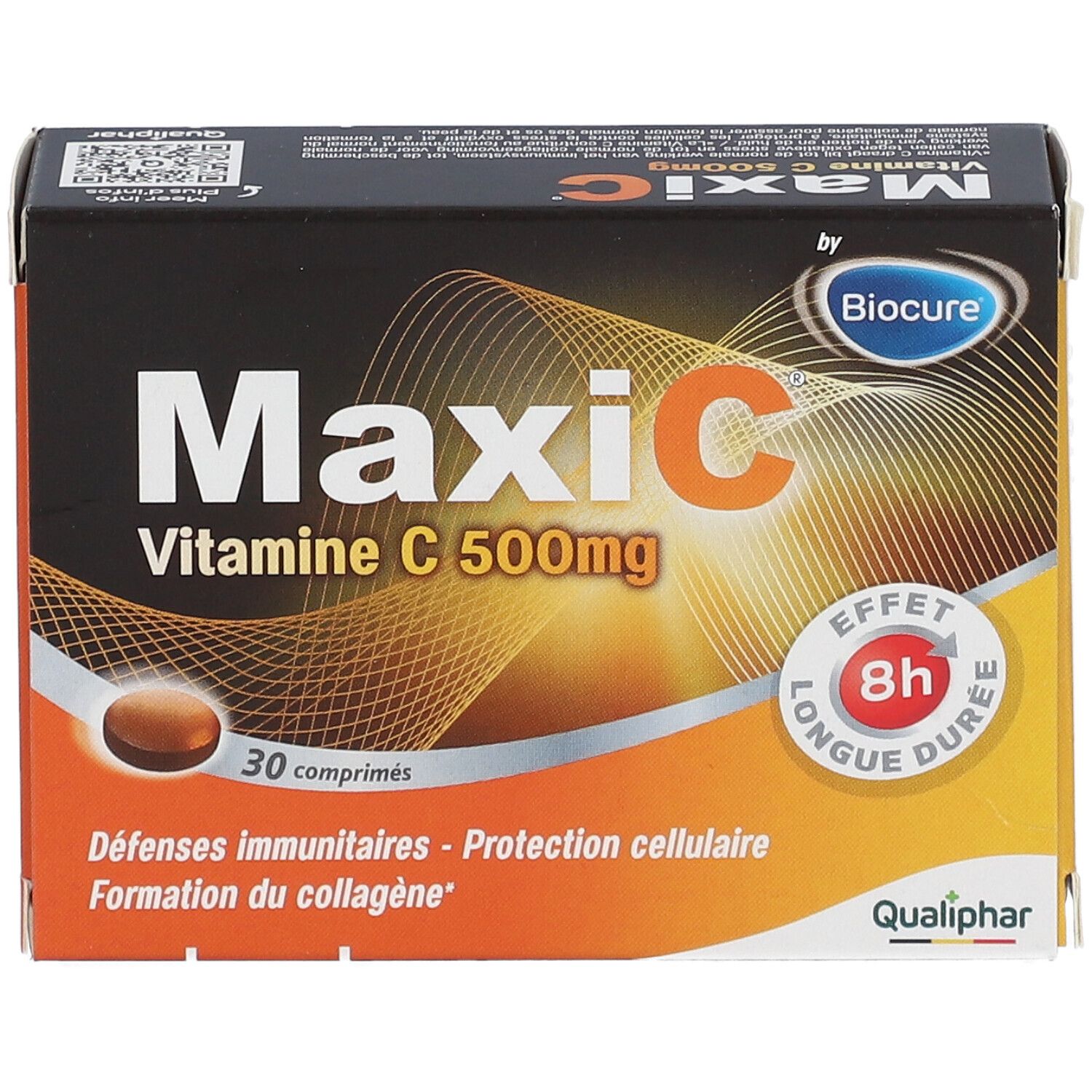 Boîte MaxiC Vitamine C 500mg, 30 comprimés. Inscriptions : Biocure, Qualiphar, effet 8h. Protection cellulaire.
