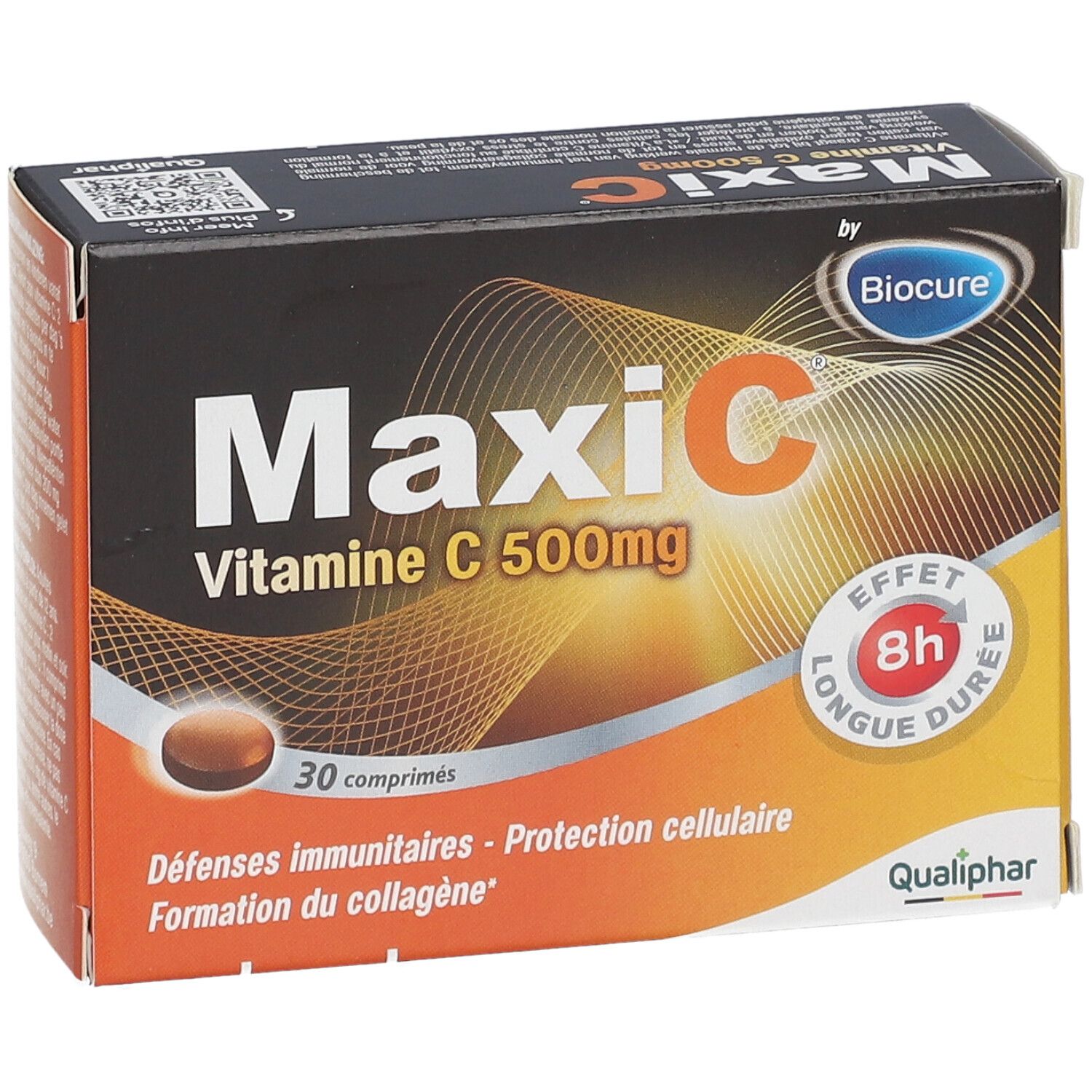 Boîte MaxiC Vitamine C 500mg, 30 comprimés. Inscriptions : Biocure, Qualiphar, effet 8h. Protection cellulaire.