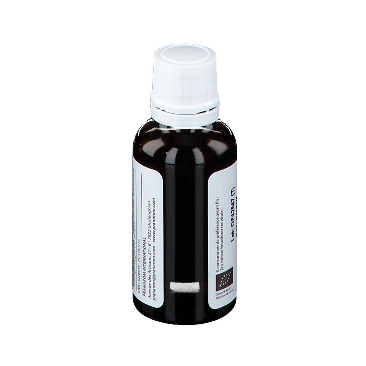 Bruine glazen fles met witte dop. Achterkant met tekst. Merk Pranarôm. EU Bio-logo. Lotnummer en vervaldatum.