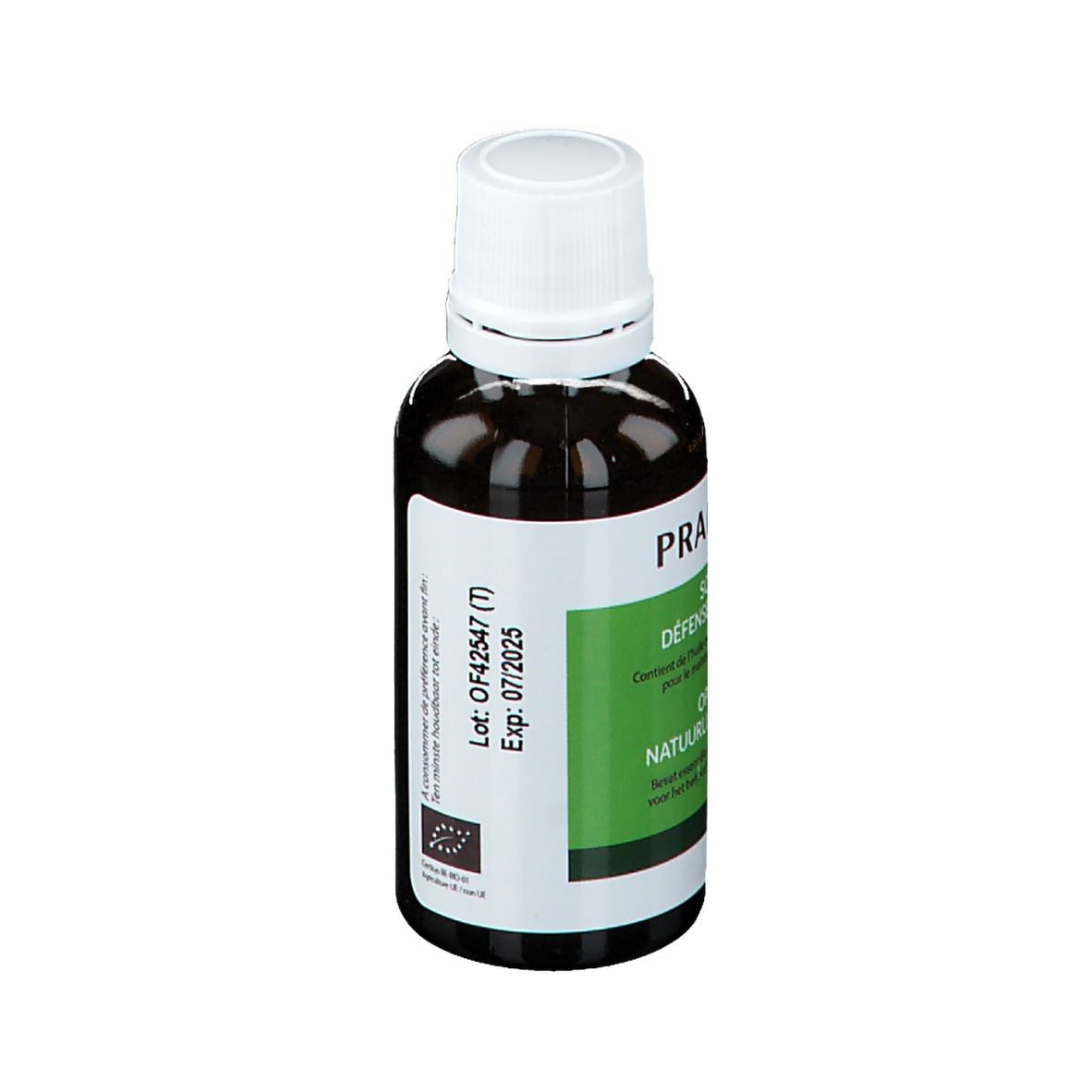 Bruine glazen fles met witte dop. Etiket met tekst. Merk Pranarôm. EU Bio-logo. Vervaldatum 07/2025.