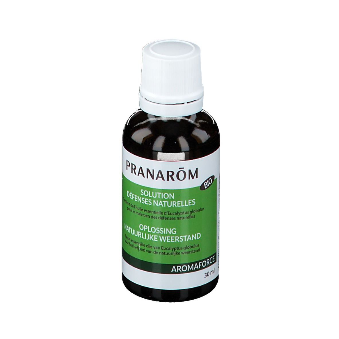 Bruine glazen fles met witte dop. Groen-wit etiket met tekst. Merk Pranarôm, Oplossing, natuurlijke weerstand. 30 ml.