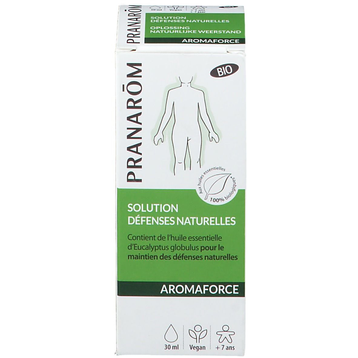 Productverpakking. Doos met tekst en illustratie. Merk Pranarôm. EU Bio-logo. 30 ml. Vegan. Vanaf 7 jaar.