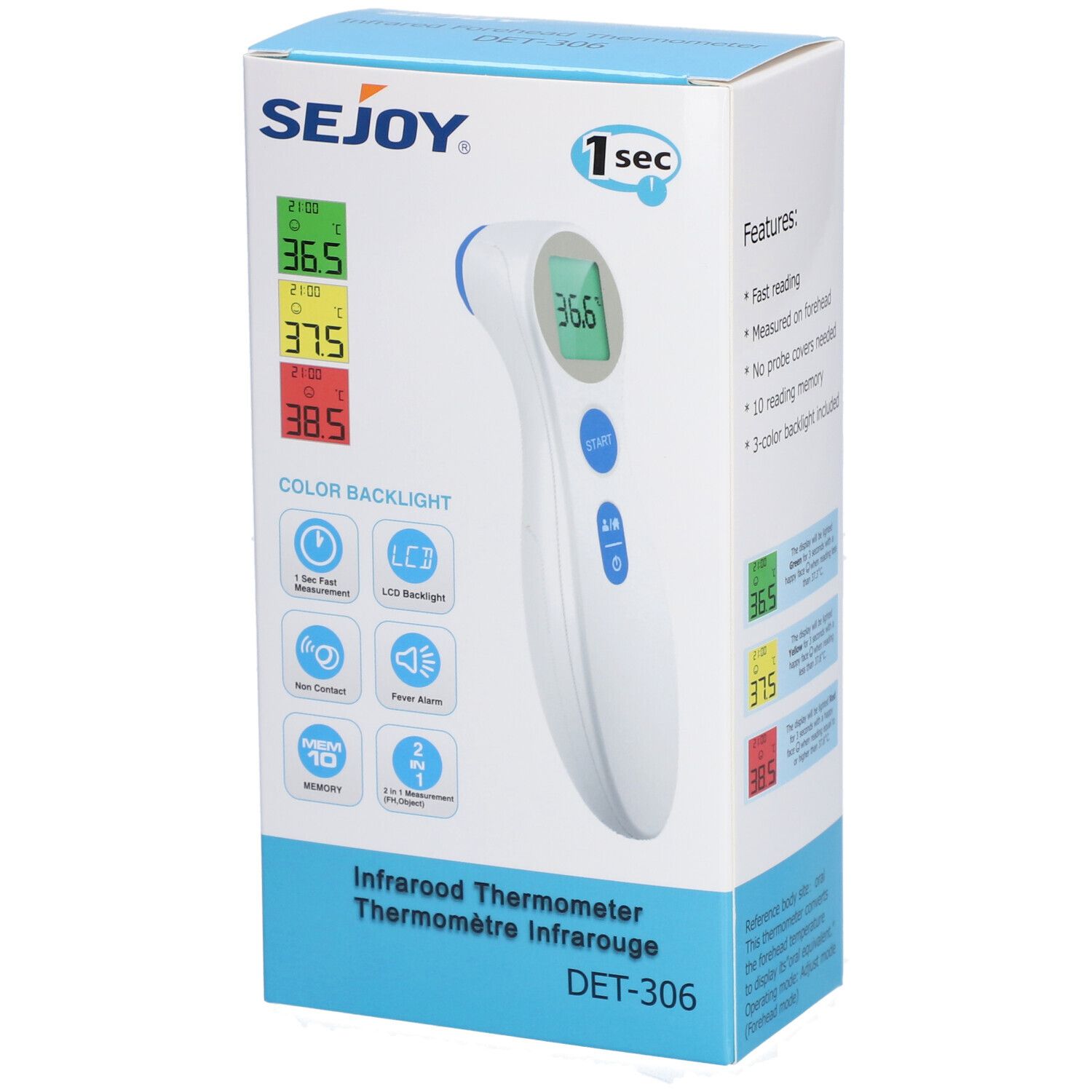 Verpakking van de Sejoy infraroodthermometer. De thermometer is afgebeeld. Productkenmerken en het Sejoy-logo zijn zichtbaar op de verpakking.