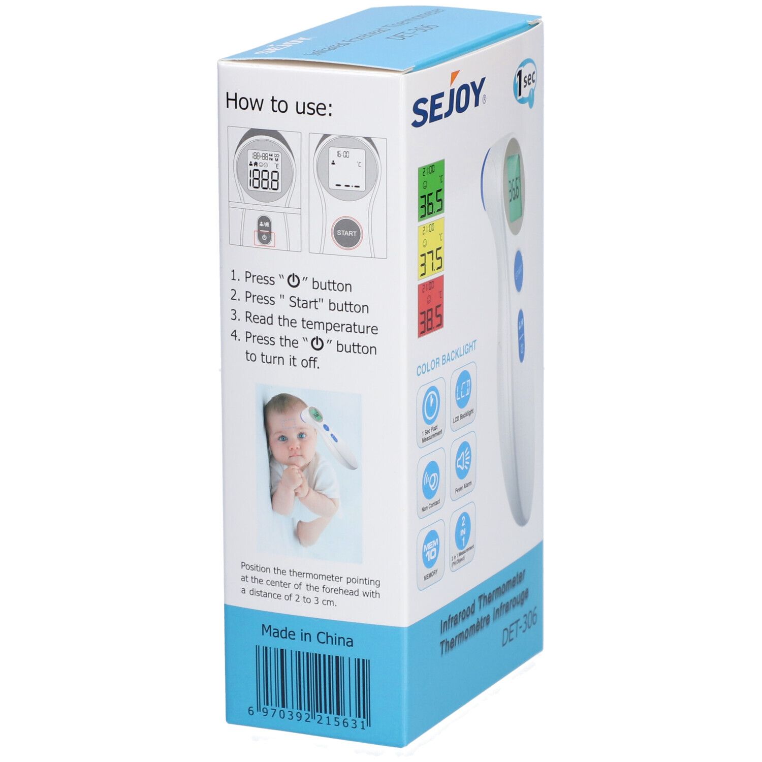 Verpakking van de Sejoy infraroodthermometer. Gebruiksaanwijzingen en een baby zijn afgebeeld op de verpakking.