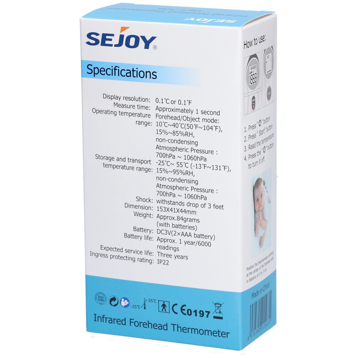 Achterkant van de verpakking van de Sejoy infraroodthermometer. Technische specificaties staan vermeld, inclusief certificering.