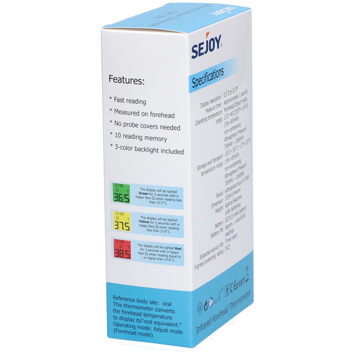 Zijkant van de verpakking van de Sejoy infraroodthermometer. Kenmerken en specificaties staan vermeld.
