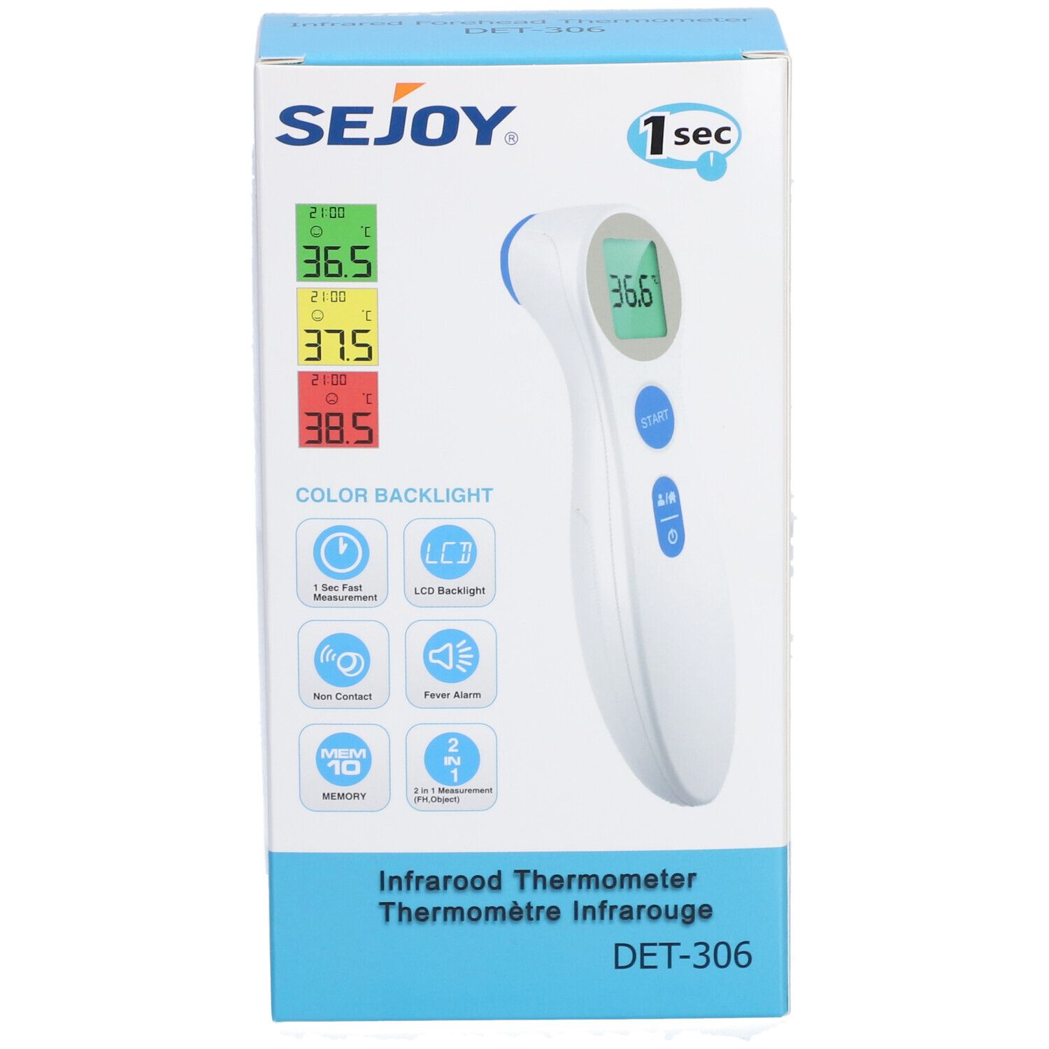 Verpakking van de Sejoy infraroodthermometer. De thermometer is afgebeeld. Productkenmerken en het Sejoy-logo zijn zichtbaar op de verpakking.