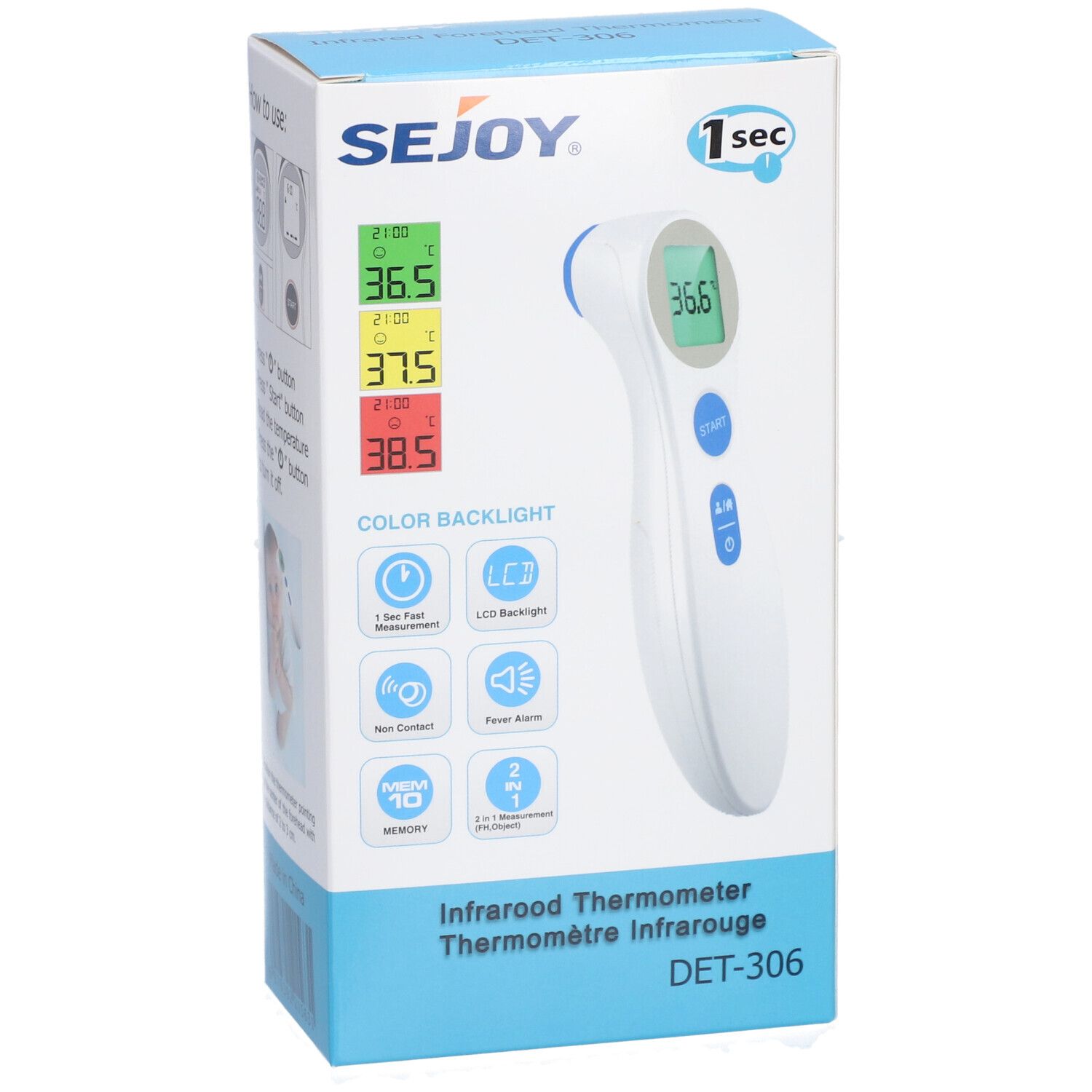Verpakking van de Sejoy infraroodthermometer. De thermometer is afgebeeld. Productkenmerken en het Sejoy-logo zijn zichtbaar op de verpakking.