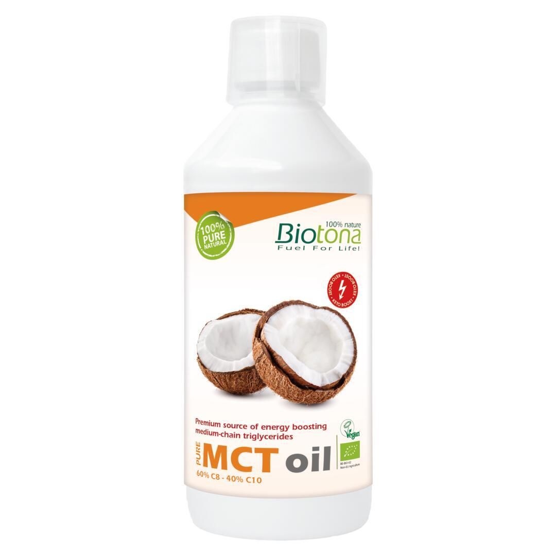 Witte fles Biotona MCT oil. Kokosnoot illustratie. Vegan label. Tekst: MCT oil, 100% nature.