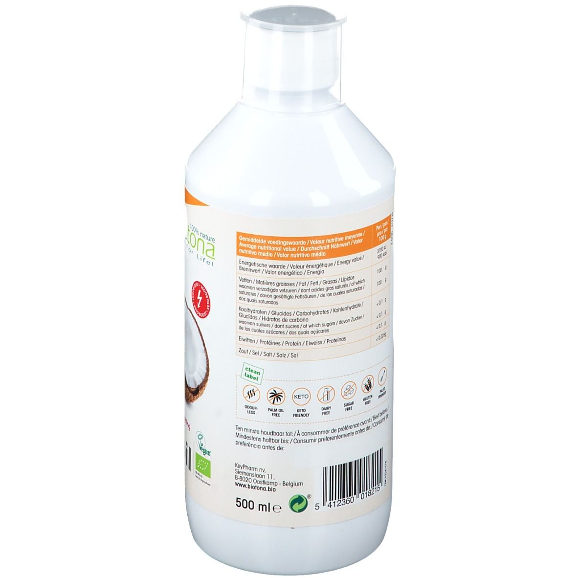 Rückseite der weißen Flasche mit Biotona MCT-Öl. Nährwertangaben, Vegan-Siegel, Text.
