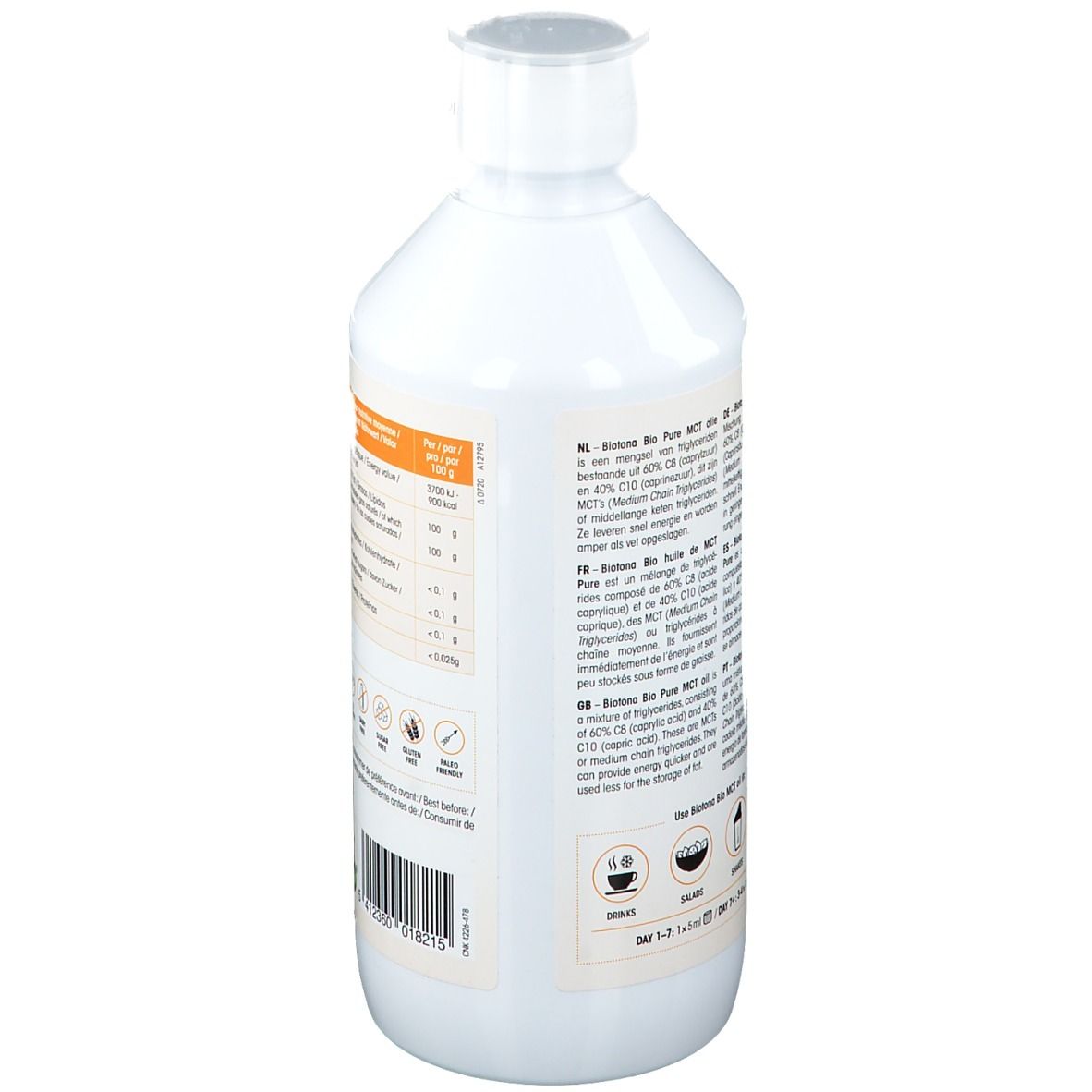 Rückseite der weißen Flasche mit Biotona MCT-Öl. Text in mehreren Sprachen, Vegan-Siegel, Text.