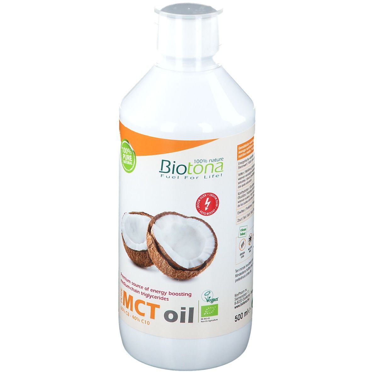 Weiße Flasche mit Biotona MCT-Öl. Kokosnuss-Illustration. Vegan-Siegel. Text: MCT oil, 100% nature.