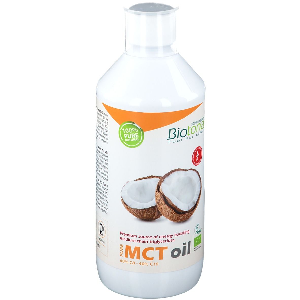 Weiße Flasche mit Biotona MCT-Öl. Kokosnuss-Illustration. Vegan-Siegel. Text: MCT oil, 100% nature.