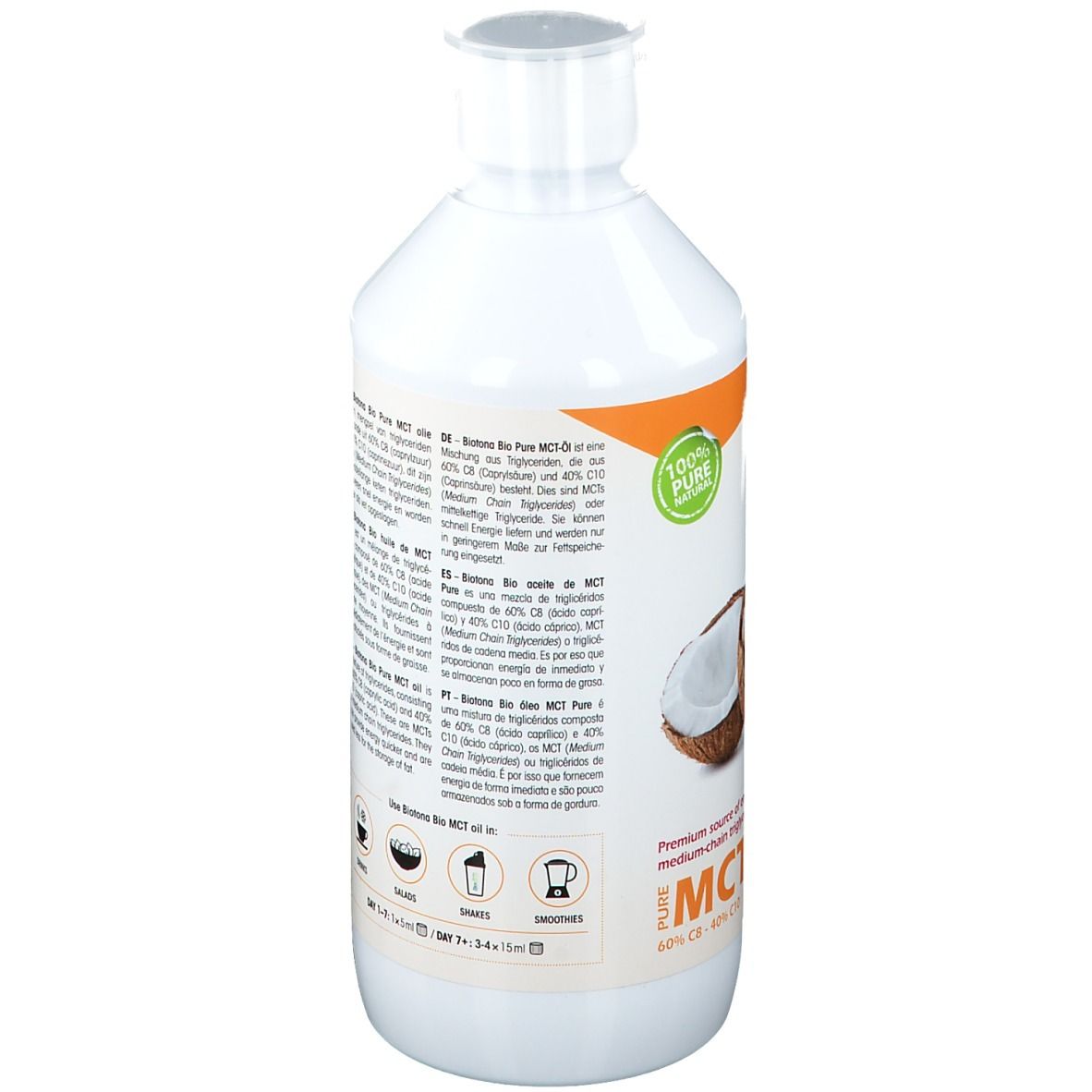 Rückseite der weißen Flasche mit Biotona MCT-Öl. Text in mehreren Sprachen, Vegan-Siegel, Text.