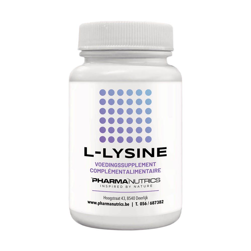 Flacon blanc de L-Lysine. Complément alimentaire. Points bleus sur l'étiquette. Marque: PharmaNutrics.