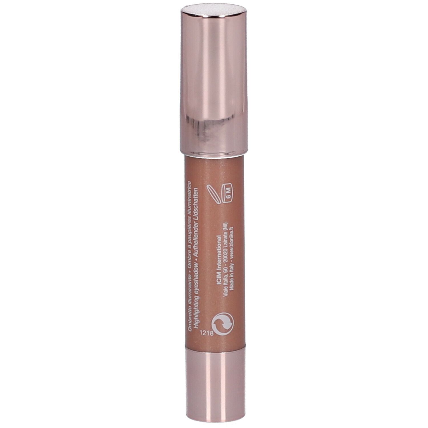 BioNike DEFENCE COLOR Eyelumiere, perzik. Potlood met roségouden dop. Achterkant met productinformatie.