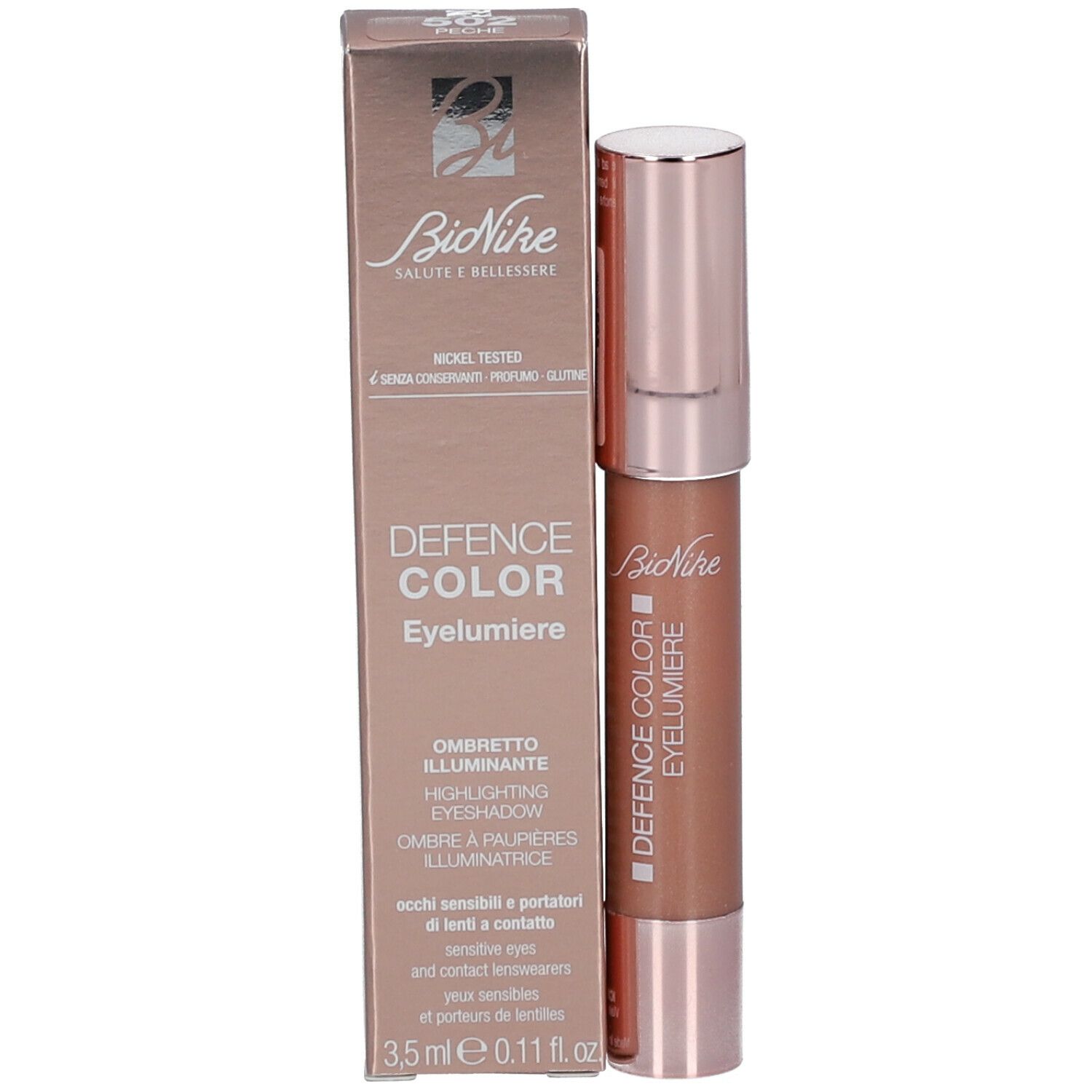 BioNike DEFENCE COLOR Eyelumiere, perzik. Product met verpakking. Doos met informatie en potlood.
